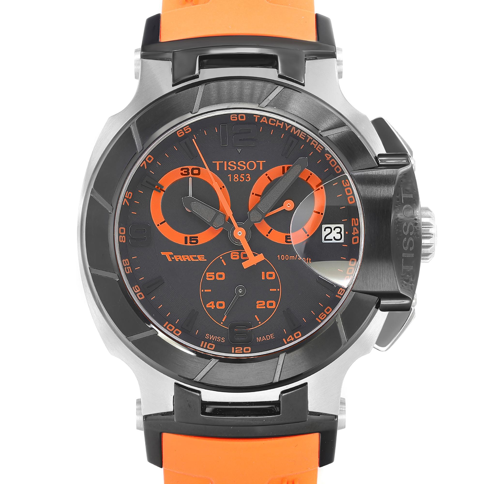 Unworn Tissot T-Race Men's Watch T048.417.27.057.04. Quartz (Battery) Movement powers this Beautiful Timepiece. Features: Round Stainless Steel Case with a Orange Rubber Strap , Fixed Black PVD Stainless Steel Bezel, Black Dial with Luminous Hands