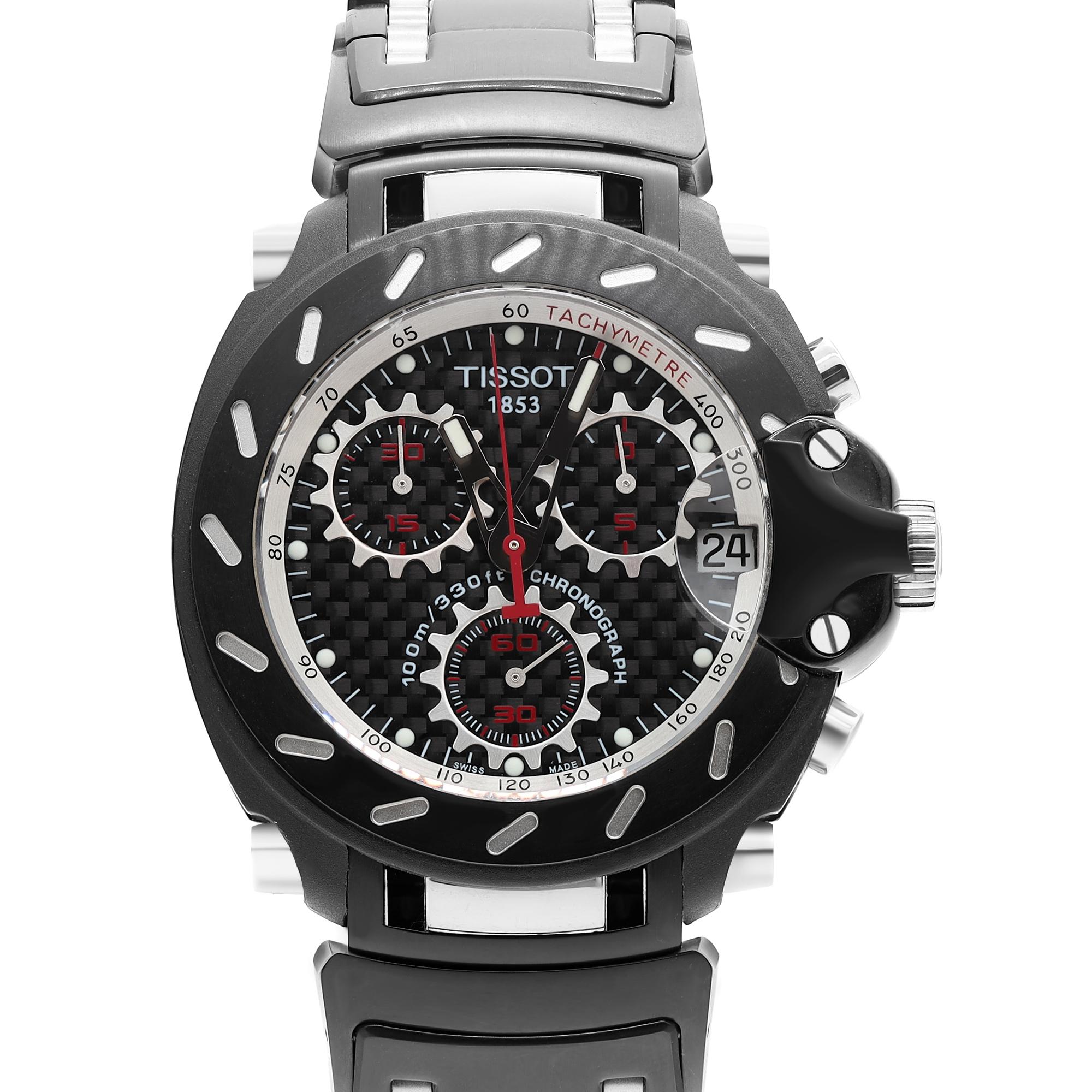 New with Defects Tissot T-Race Steel Chronograph Black Carbon Dial Men's Watch T011.417.22.201.00. The Watch has a few Tiny Marks and  Dents on the Case Side. Quartz (Battery) Movement powers this Beautiful Timepiece And Features: Round Black PVD