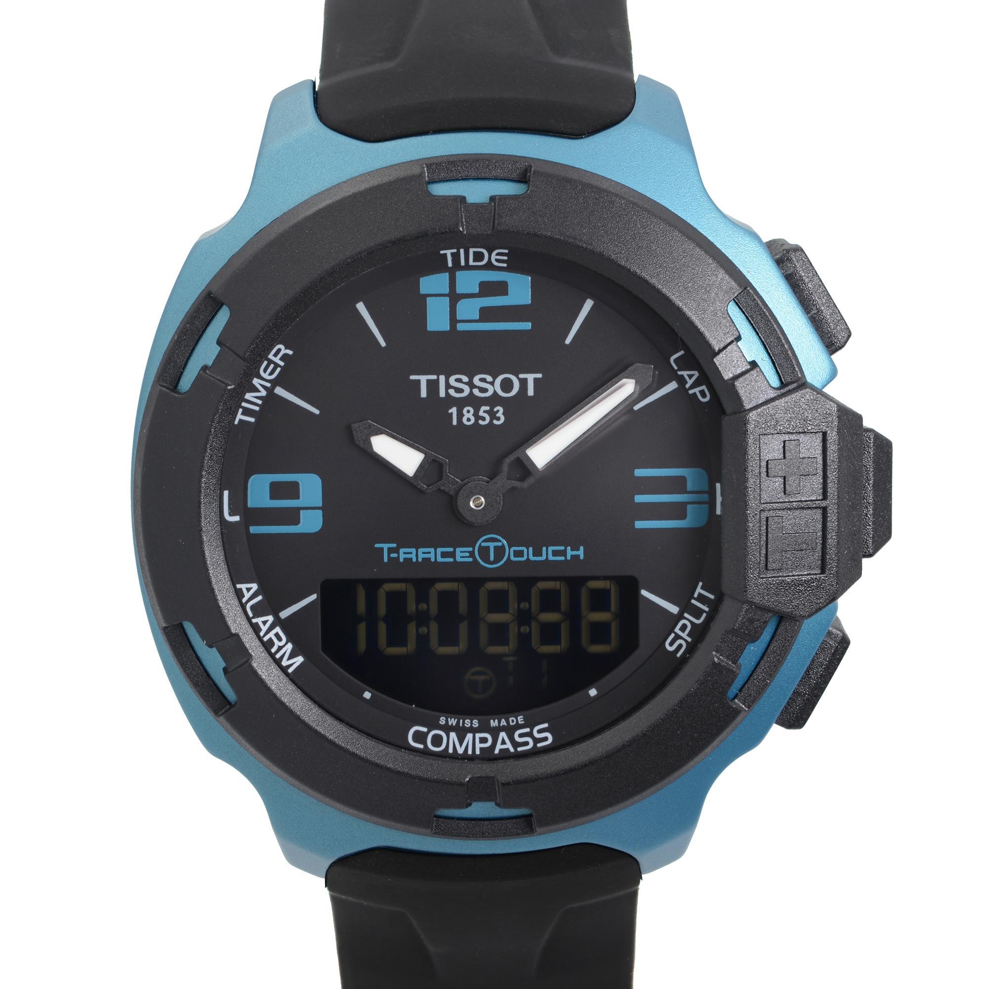 Display Model Tissot T-Race Touch 42mm Aluminium Black Dial Mens Quartz Watch T081.420.97.057.04. This timepiece is powered by Quartz (battery) movement with features: Blue Aluminum Case with Titanium case back and Black Rubber Straps. Fixed black