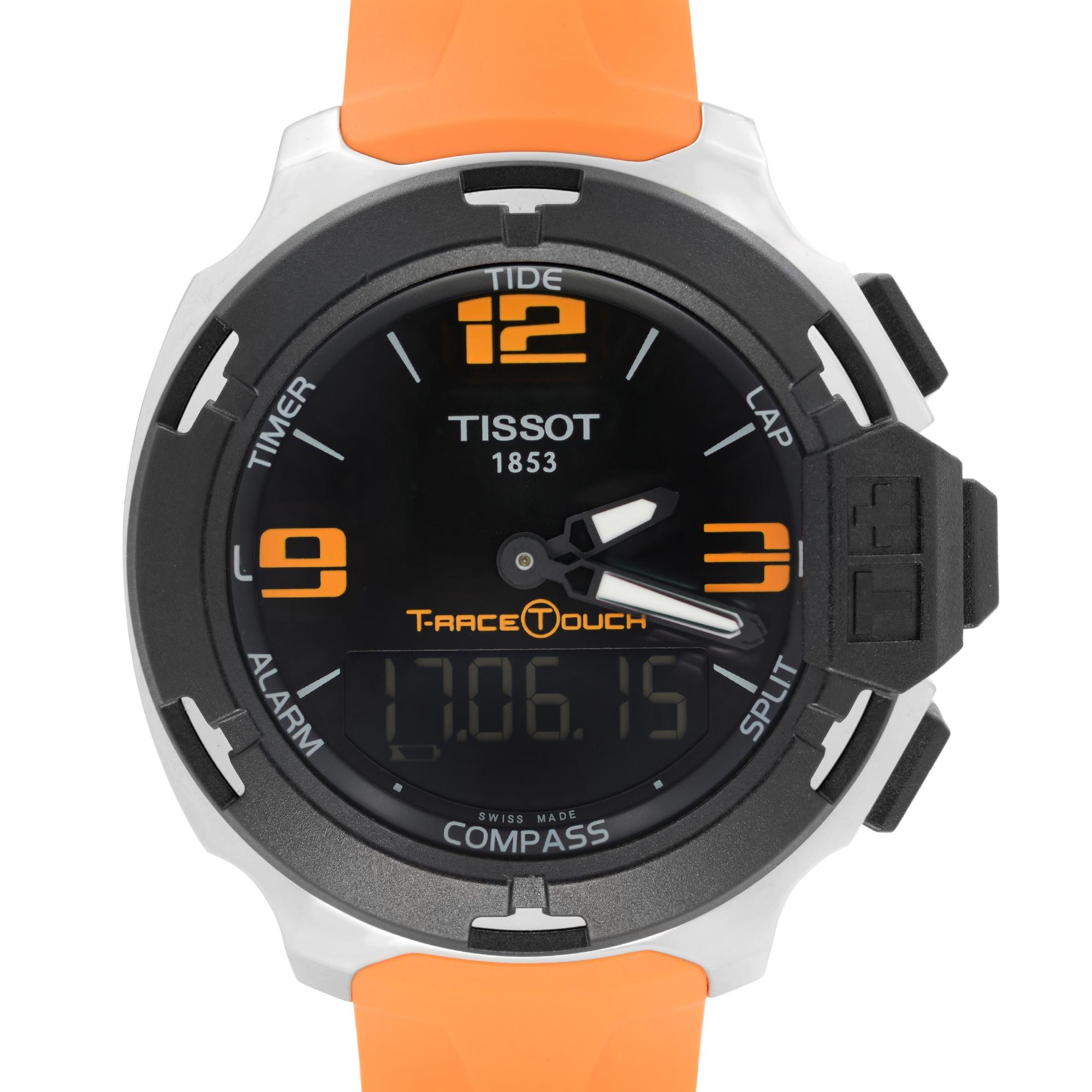 Unworn Tissot T-Race Touch Stainless Steel Orange Rubber Band Black Dial Quartz Mens Watch T081.420.17.057.02. This Beautiful Timepiece is Powered by Quartz (Battery) Movement and Features: Round Stainless Steel Case with a Orange Rubber Strap,