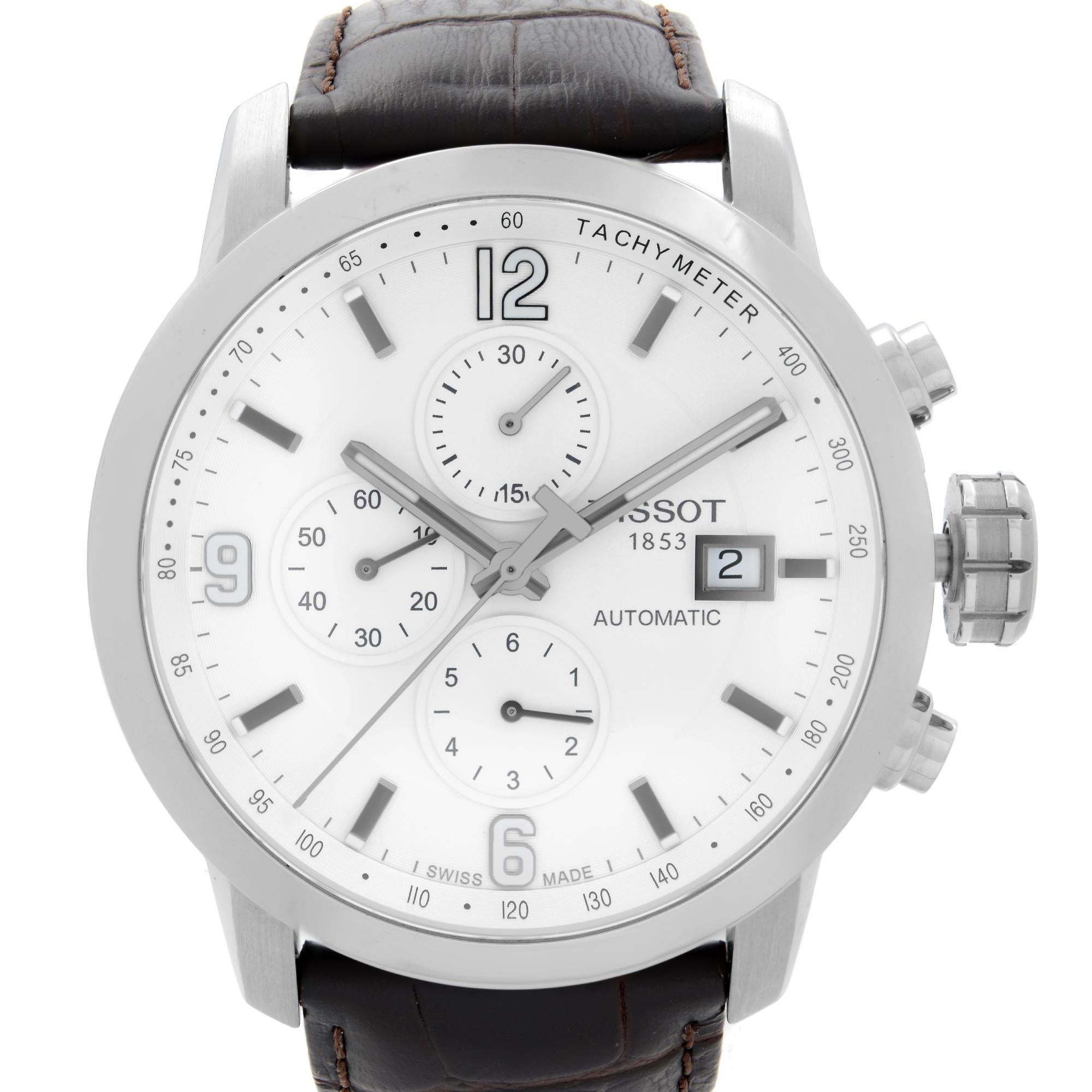 Unworn Tissot T-Sport Men's Watch T055.427.16.017.00. This Beautiful Timepiece is Powered by a Mechanical (Automatic) Movement and Features: Stainless Steel Case with a Two-Piece Brown Leather Strap. Fixed Steel Bezel. White Dial with Silver-Tone