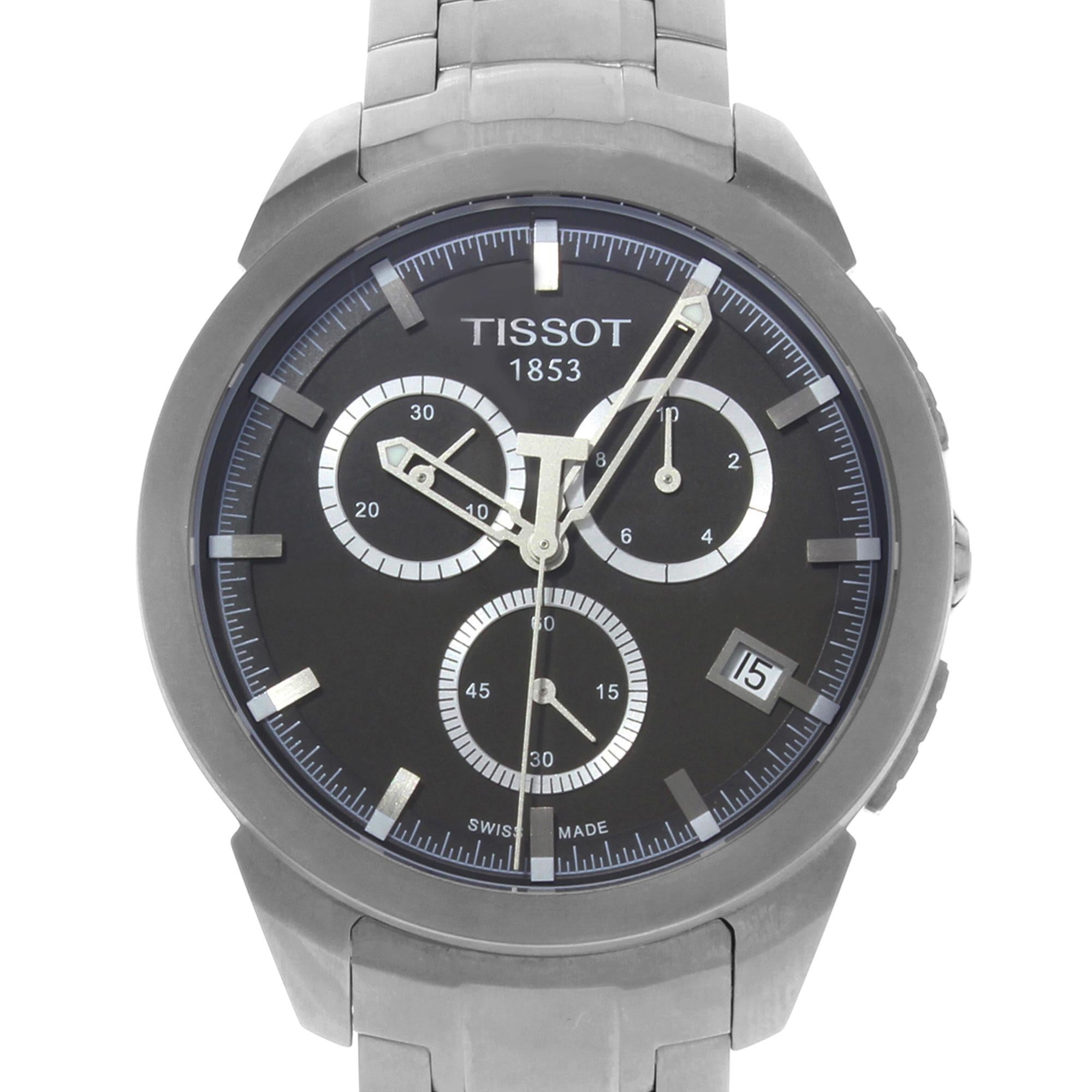 his pre-owned Tissot Titanium  T069.417.44.061.00 is a beautiful men's timepiece that is powered by quartz (battery) movement which is cased in a titanium case. It has a round shape face, chronograph, date indicator, small seconds subdial dial and
