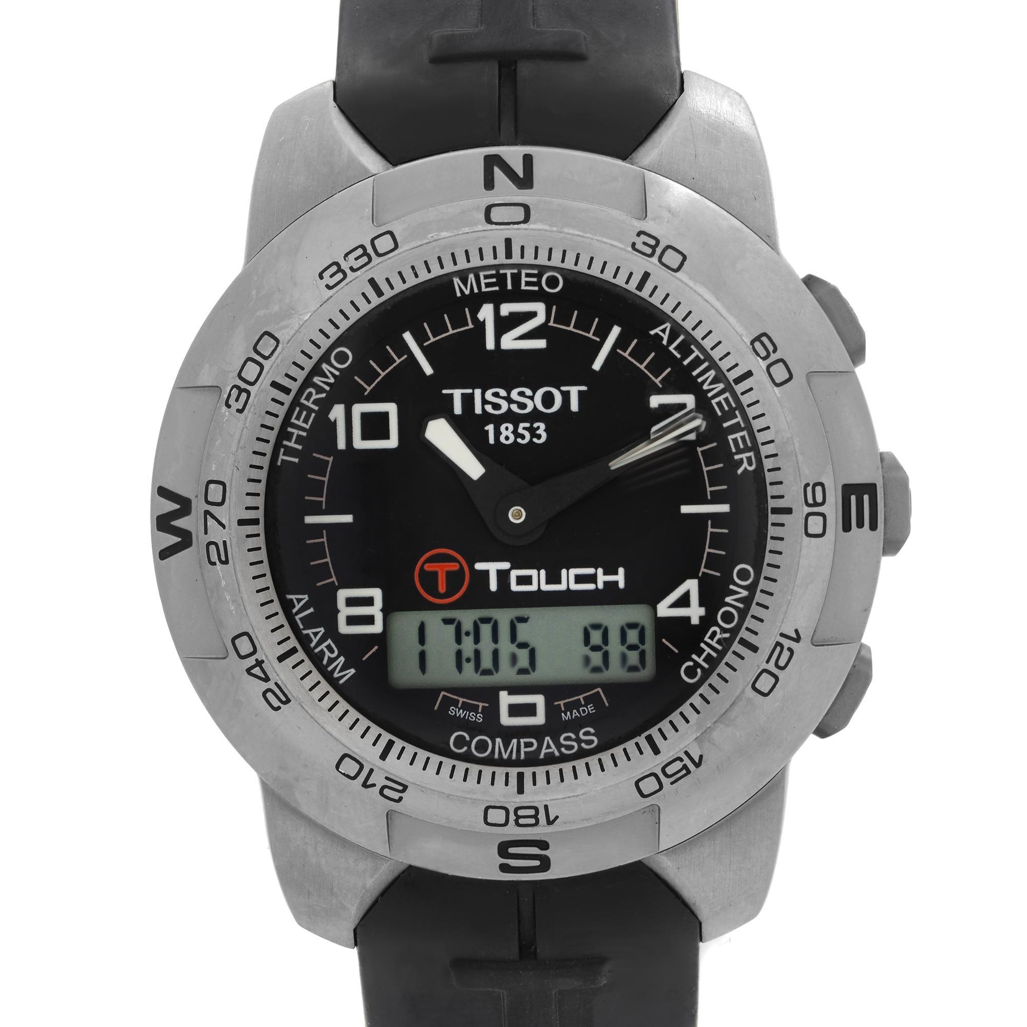 Pre-owned Tissot T-Touch Titanium Digital Black Dial Quartz Watch T047.420.47.057.00. Scratches on the Case, Bezel, and Clasp. This Beautiful Timepiece is Powered by Quartz (Battery) Movement and Features: Round Titanium Case with a Black Rubber