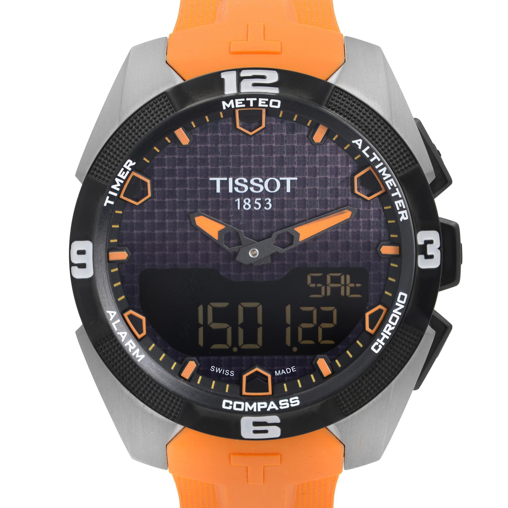 Unworn Tissot T-Touch Expert Solar Quartz Men's Watch T091.420.47.051.01. This timepiece is powered by Quartz (battery) movement with features: Titanium Case with a Orange Rubber Strap. Fixed Black PVD Coated Titanium Bezel. Black Analog and Digital