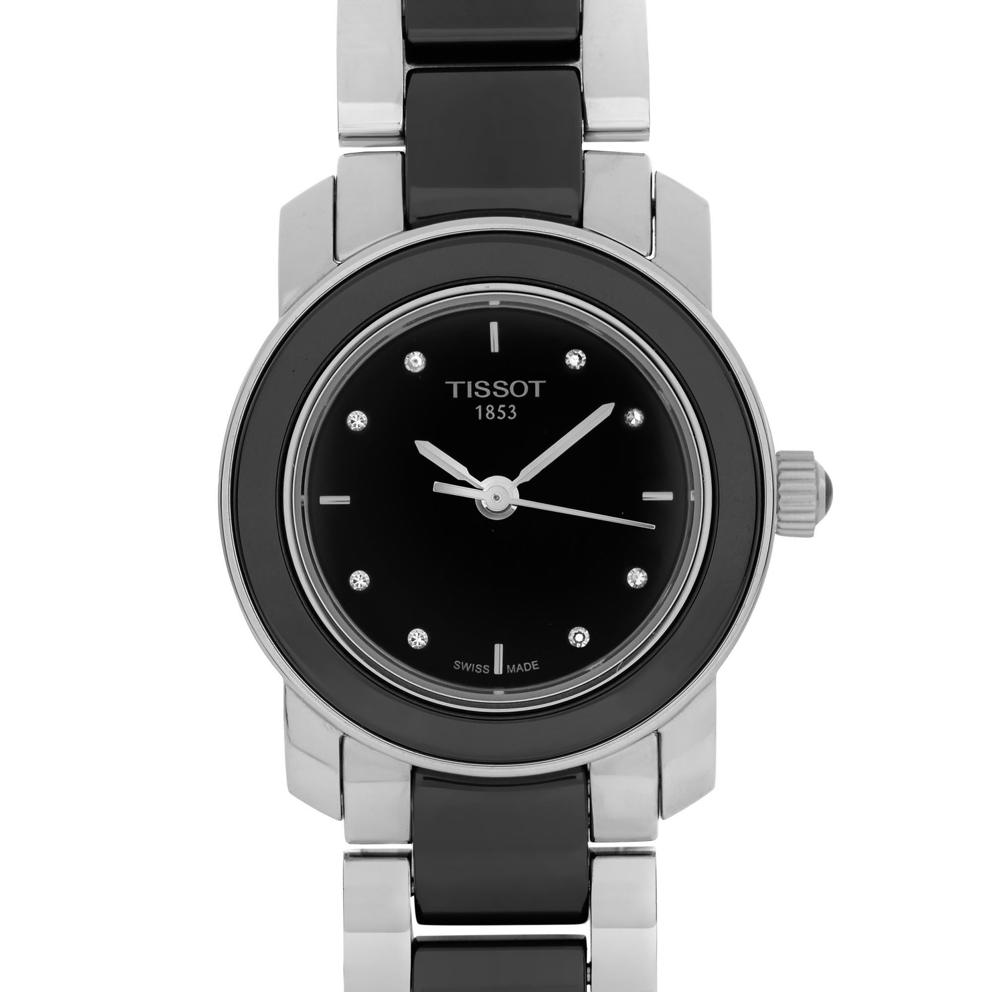 Modèle de montre Tissot T-Trend Steel Ceramic Black Diamond Dial Ladies Watch T064.210.22.056.00. Cette belle pièce d'horlogerie est animée par un mouvement à quartz (pile) et présente les caractéristiques suivantes : Boîtier rond en acier
