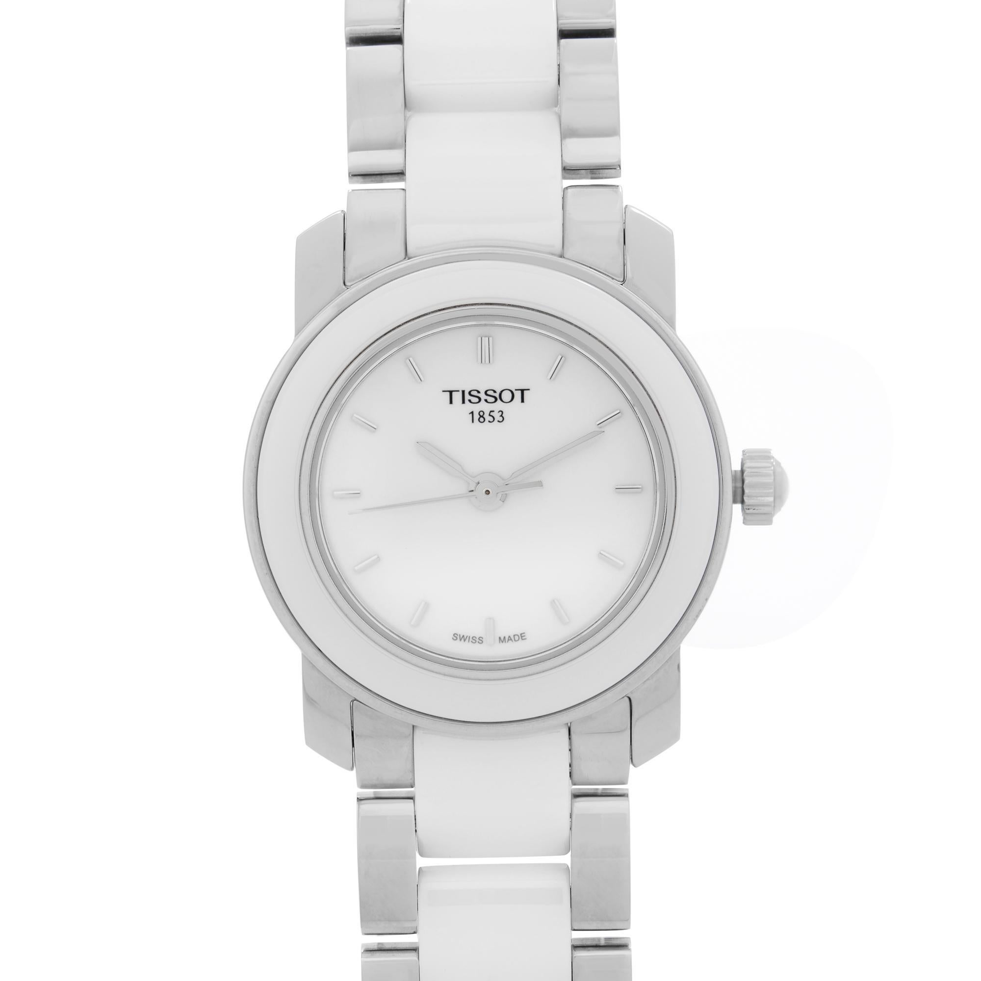 Display Model Tissot T-Trend Cera 28mm Ceramic Stainless Steel White Dial Ladies Quartz Watch T064.210.22.011.00. This timepiece is powered by Quartz (battery) movement with features: Stainless Steel Case and Stainless Steel bracelet with white