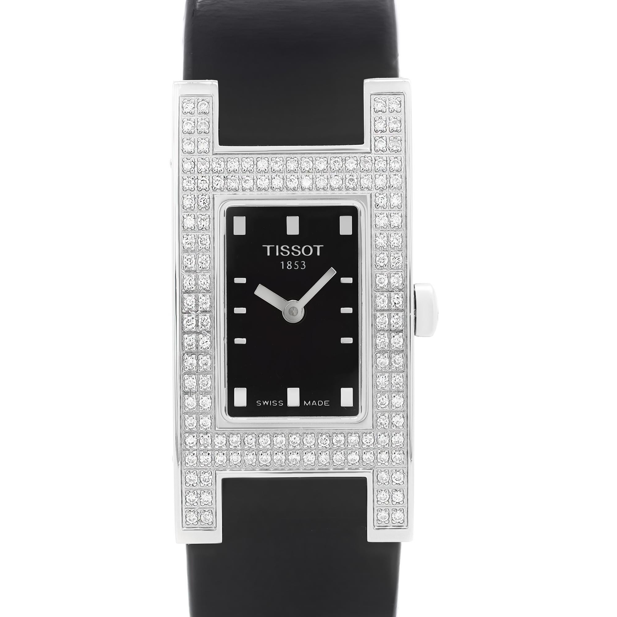 Display Model Tissot T-Trend Bellflower Ladies Watch T11.1.425.51. This Beautiful Timepiece is Powered by Quartz (Battery) Movement. Features: Rectangular Stainless Steel Case with a Black Leather Strap Fixed Stainless Steel Bezel Set with Diamonds,