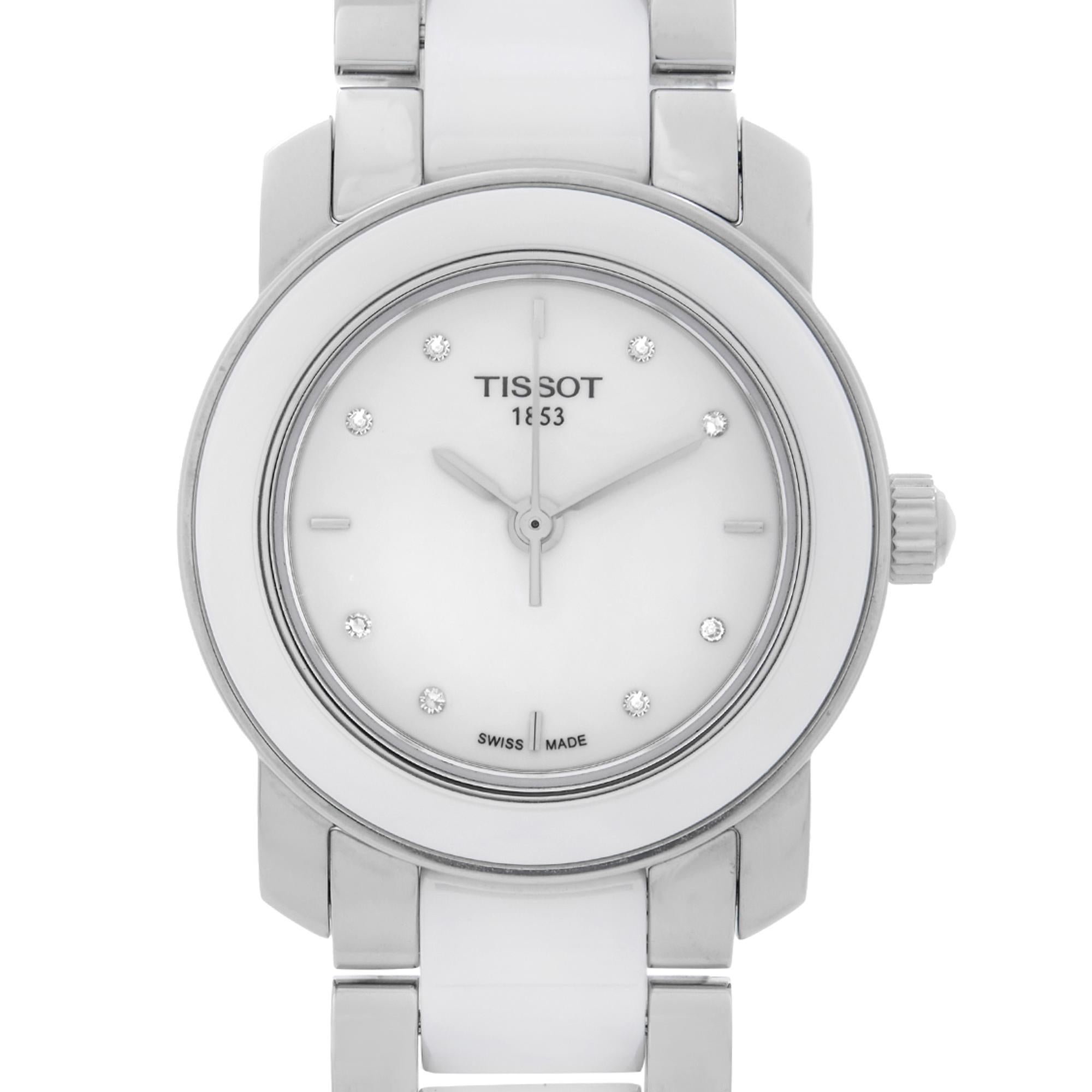 Display Model Tissot T-Trend Cera Steel Ceramic White Diamond Dial Ladies Watch T064.210.22.016.00. This Beautiful Timepiece is Powered by Quartz (Battery) Movement and Features: Rounds Stainless Steel Case with Stainless Steel and White Ceramic