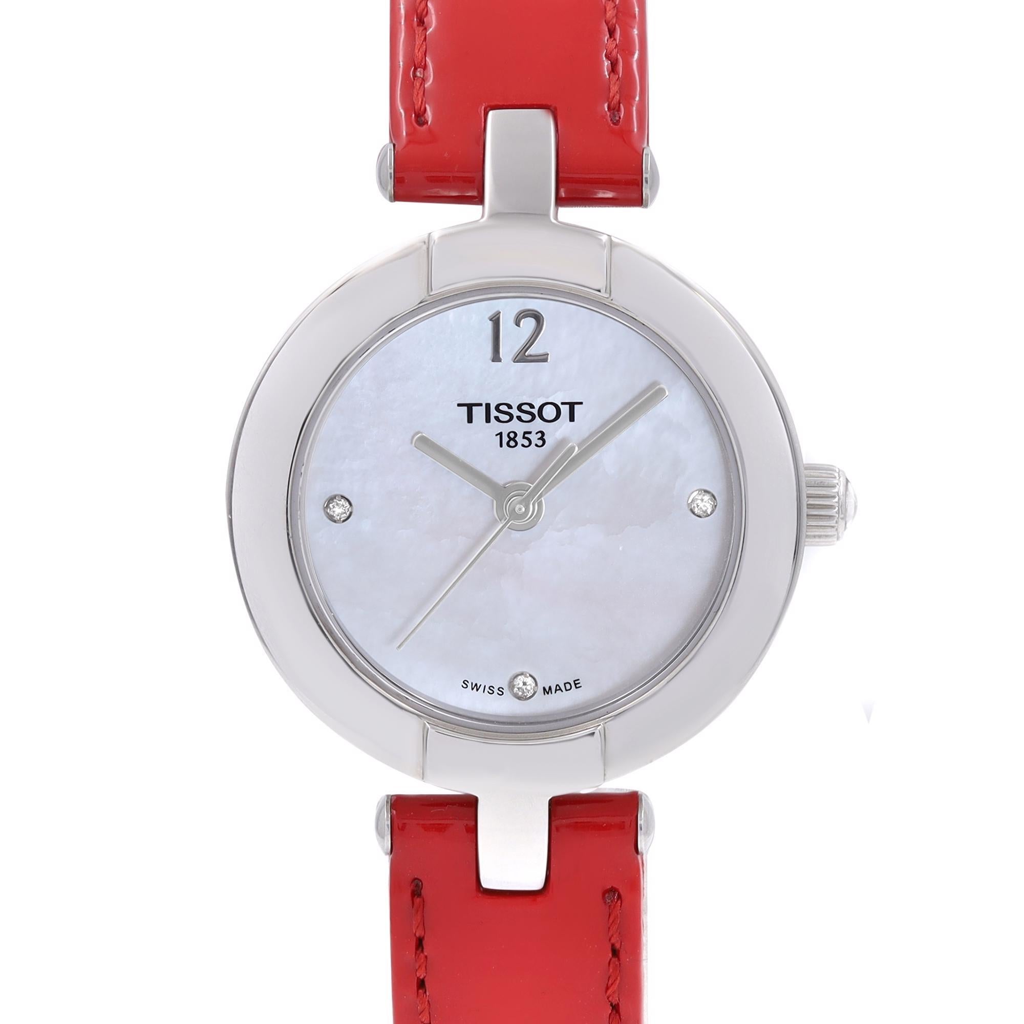 New with Defects Tissot T-Trend Pinky Quartz Ladies Watch T084.210.16.116.00. The band of this watch has minor damage on inner side of leather. This Beautiful Timepiece is Powered by a Quartz (Battery) and Features: Stainless Steel Case with a Red