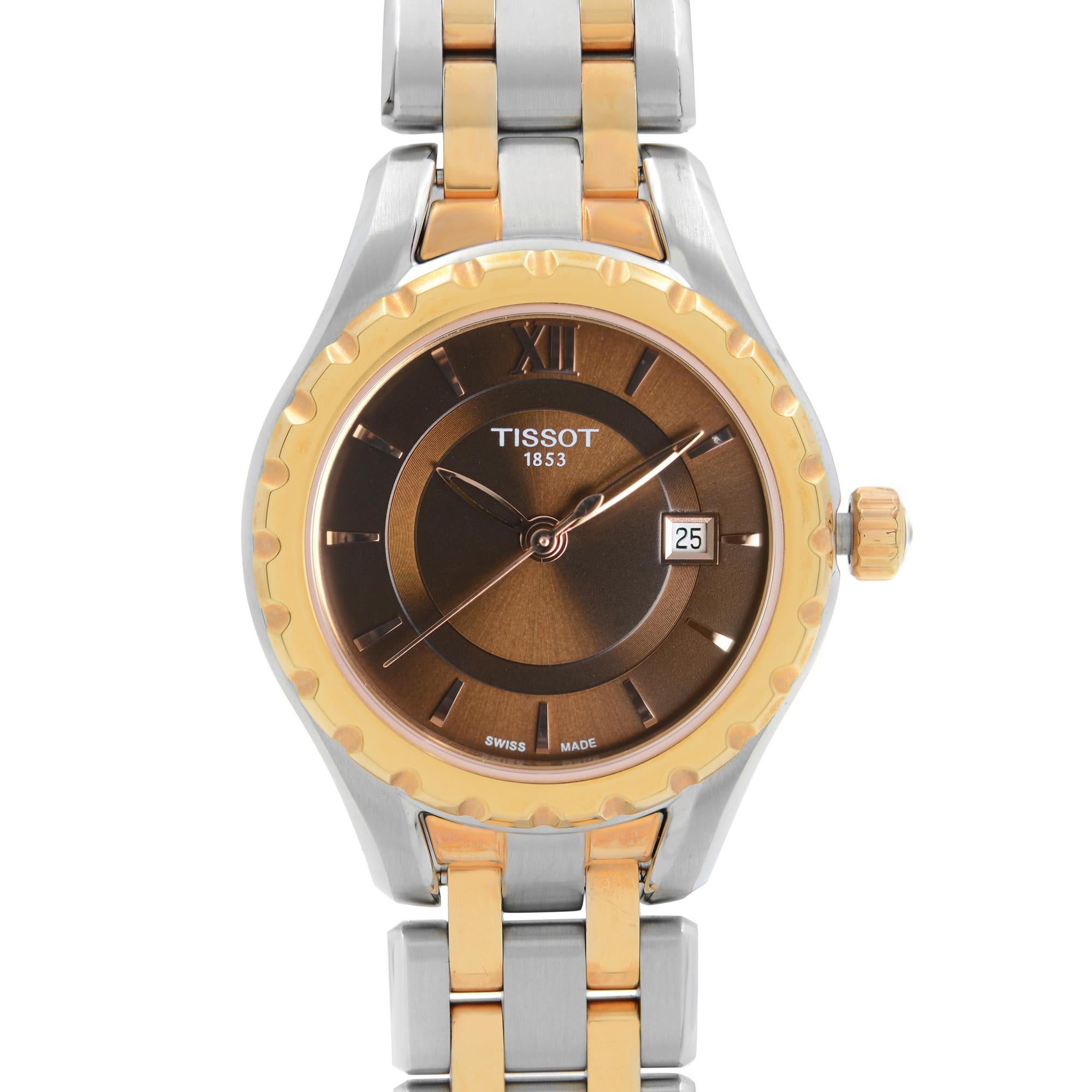 Display model Tissot T-Trend Stainless Steel Two-Tone Brown Dial Ladies Watch T072.010.22.298.00. The watch was never owned but has some insignificant hairline scratches on gold tone surfaces due to storing and handling. Original Box and Papers are