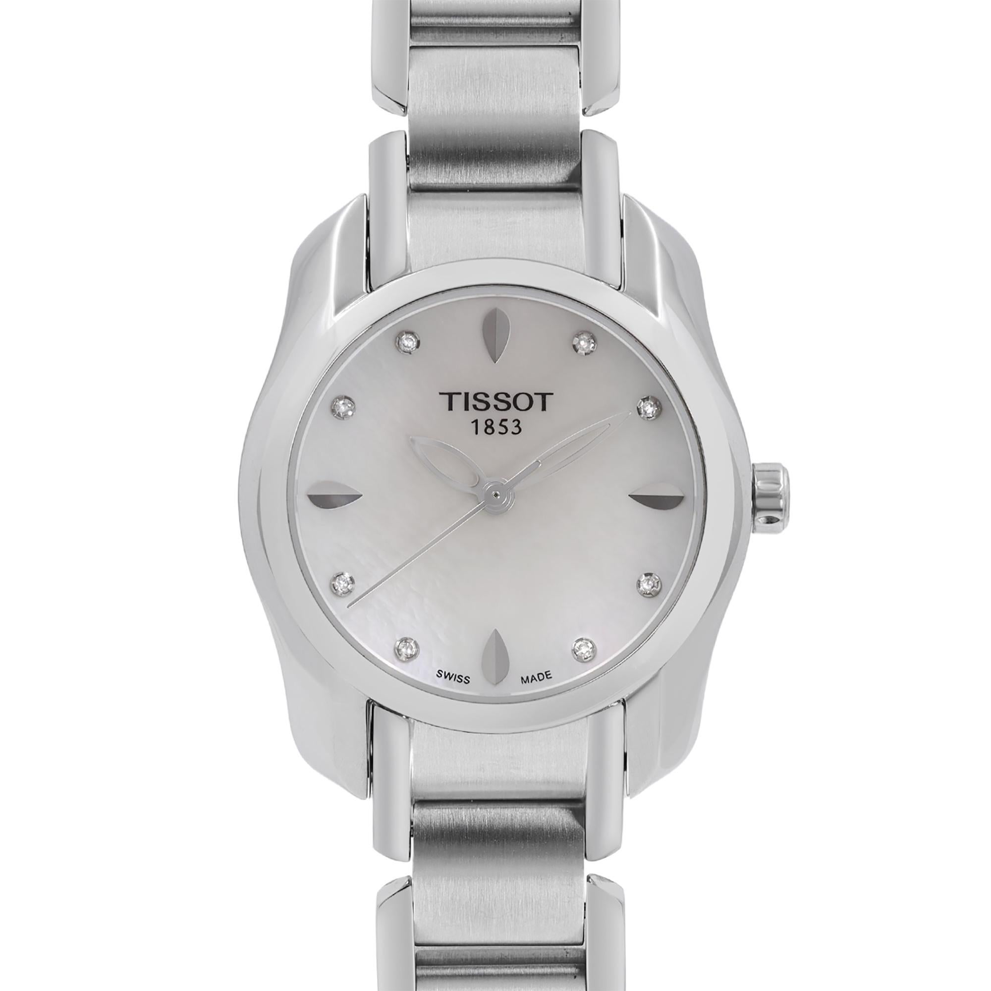 Display Model Tissot T-Wave Ladies Watch T023.210.11.116.00. This Beautiful Timepiece is Powered by a Quartz (Battery) Movement and Features: Stainless Steel Case and Bracelet. Mother Of Pearl Dial with Silver-Tone Skeleton Hands, and Diamond Hour
