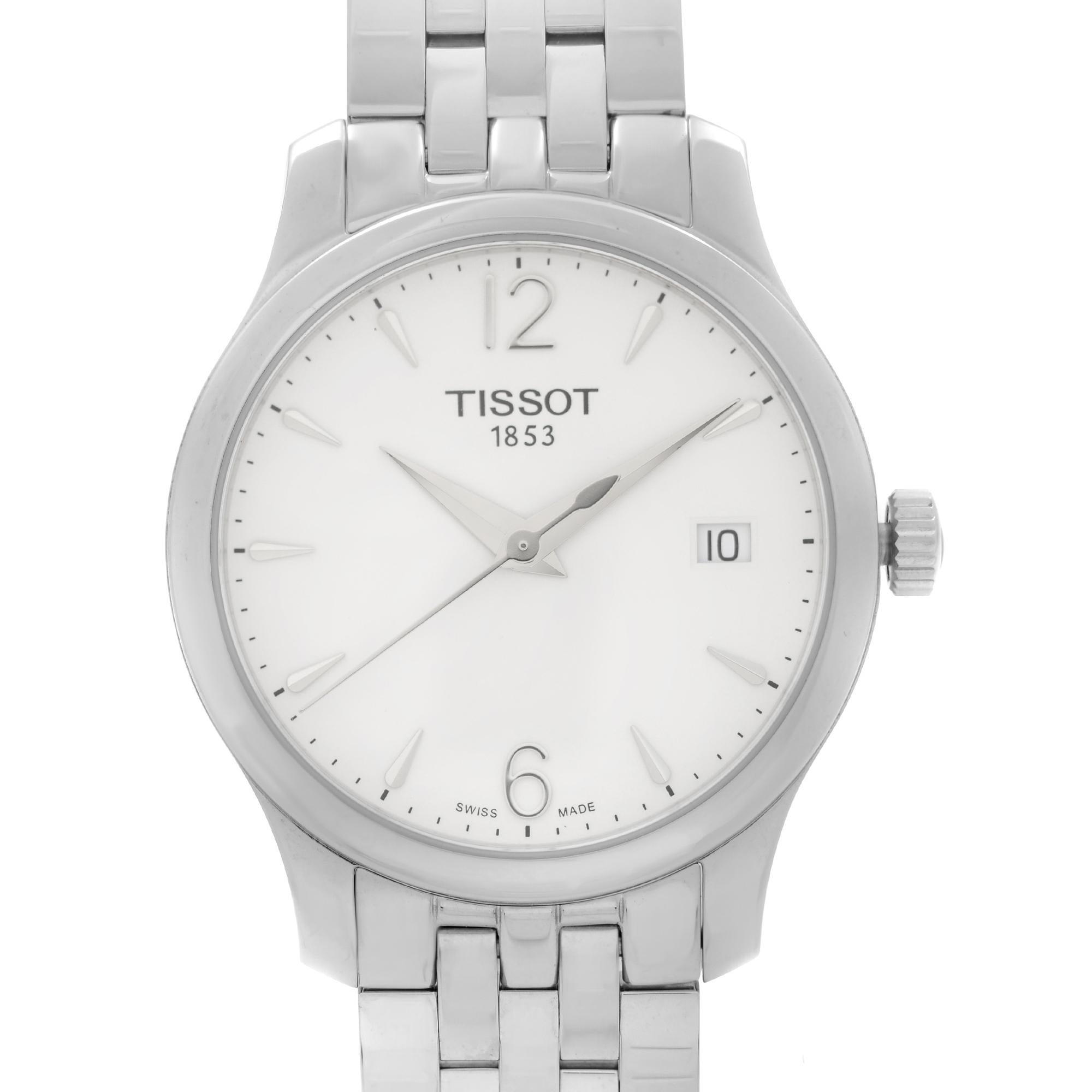 Display Model Tissot Tradition Stainless Steel Silver Dial Ladies Quartz Watch T063.210.11.037.00. This Beautiful Timepiece is Powered by Quartz (Battery) Movement and Features: Rounds Stainless Steel Case with a Stainless Steel Bracelet, Fixed