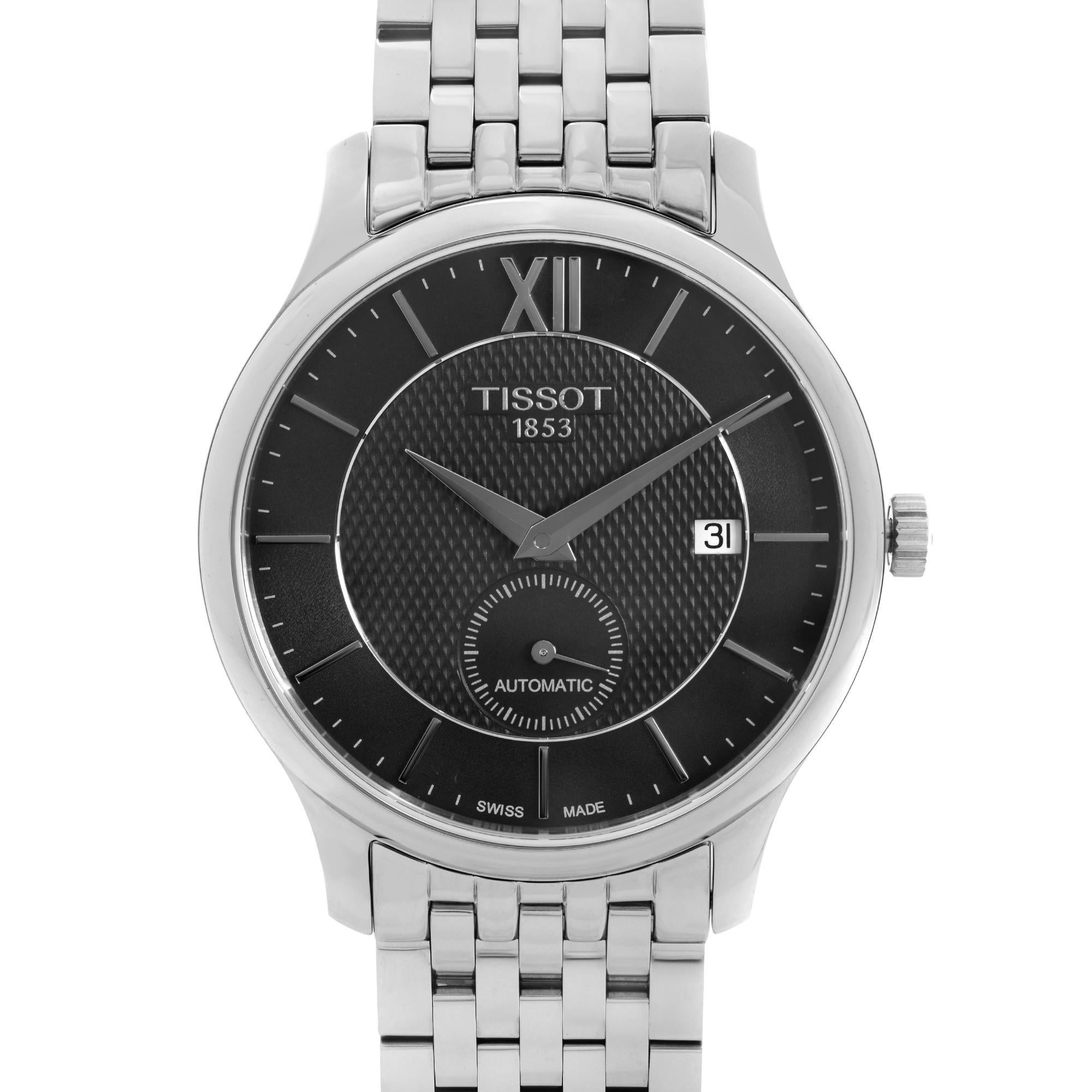Display Model Tissot Tradition 40mm Stainless Steel Black Dial Mens Automatic Watch T063.428.11.058.00. This Timepiece is Powered by Mechanical (Automatic) Movement and Features: Stainless Steel Case with a Stainless Steel Bracelet, Fixed Stainless