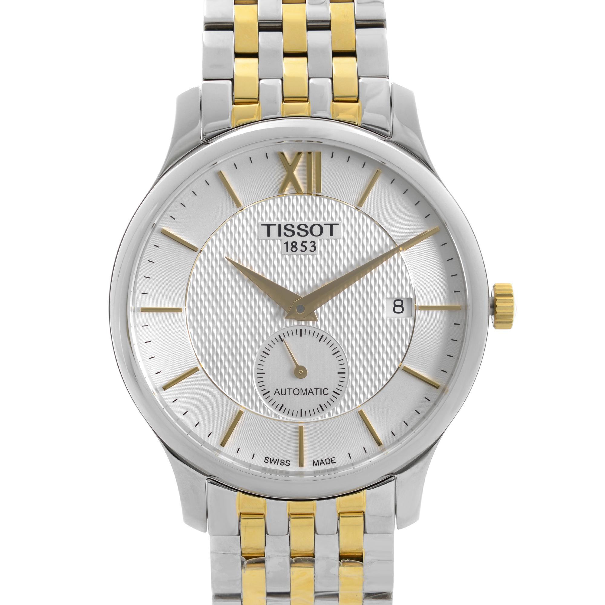 Display Model Tissot T-Classic Tradition 40mm Stainless Steel Silver Dial Mens Automatic Watch T063.428.22.038.00. This Timepiece is Powered by Mechanical (Automatic) Movement and Features: Stainless Steel Case with a Two-Tone Stainless Steel