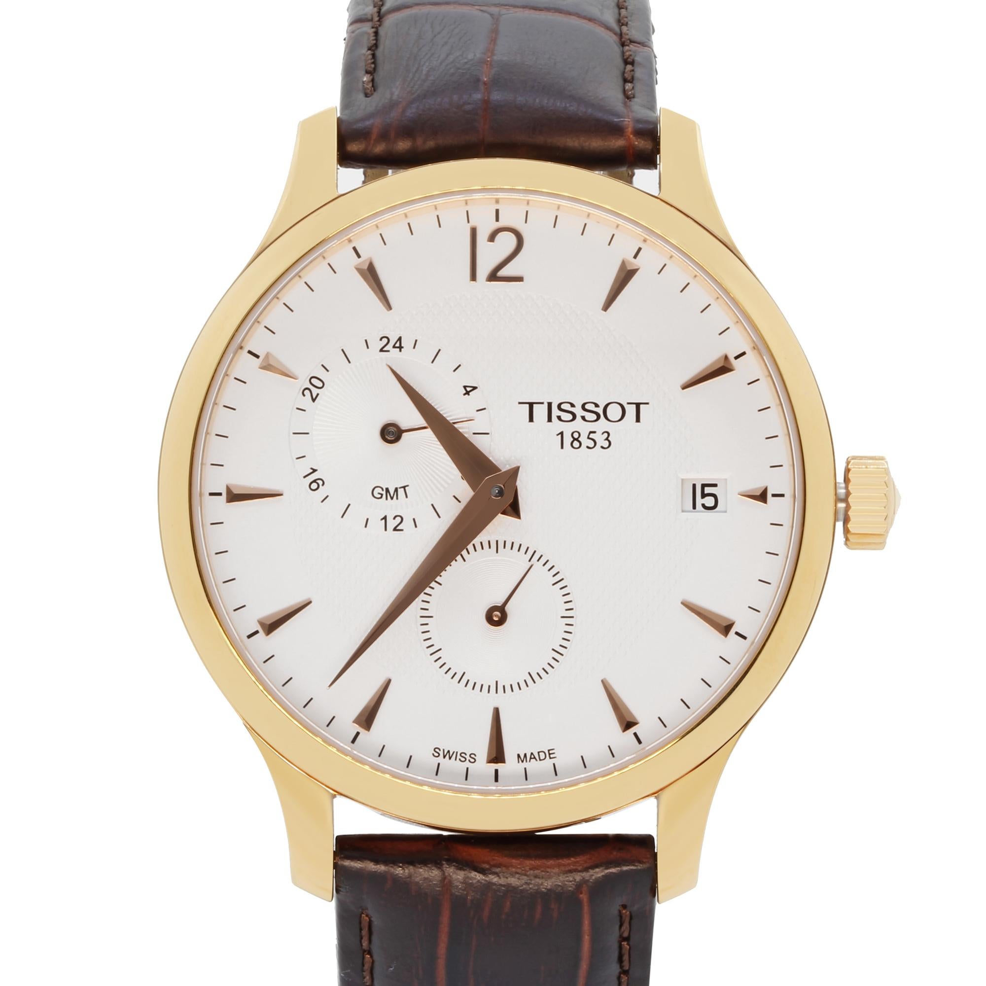 Preowned Tissot Tradition Steel Rose Gold-Tone White Dial Men Quartz Watch T063.639.36.037.00. The watch was never owned or owned but has some hairline scratches on the case and some insignificant dry cracks on the inner side of the strap due to the