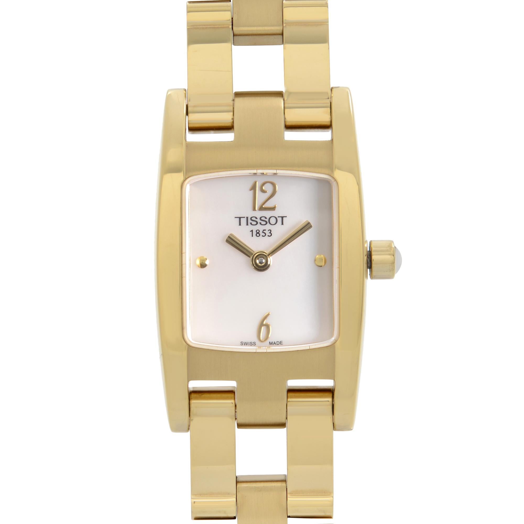 Pre-owned Tissot Trend T3 18mm Stainless Steel Mother of Pearl Dial Ladies Quartz Watch T042.109.33.117.00. Minor Scratches and Nicks on the Case and Bracelet. This timepiece is powered by Quartz (battery) movement with features: Gold-tone Stainless