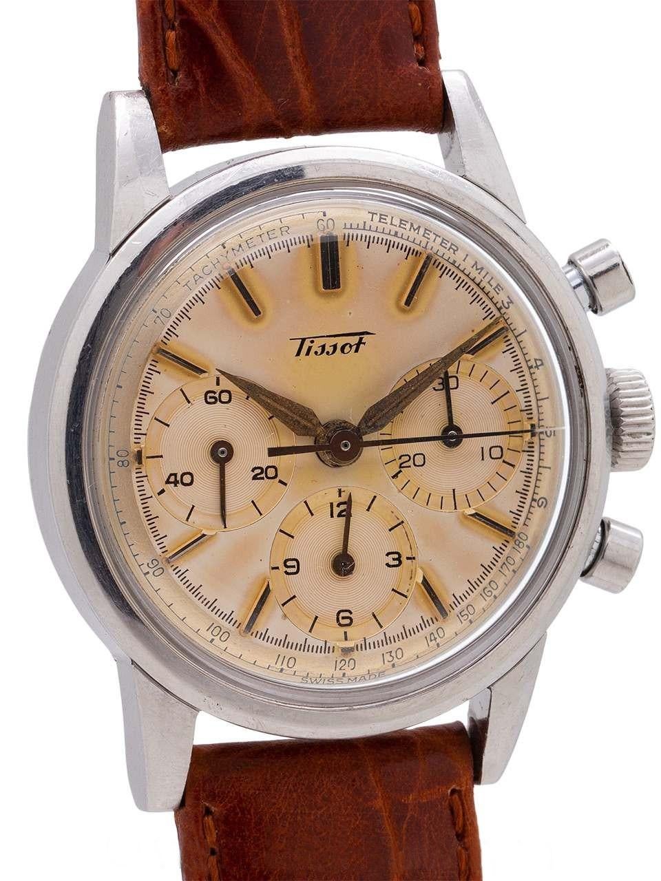Brand:Tissot
Model:Vintage “Sunburst” Chronograph
Gender:Men
Period:1950-1959
Movement:Mechanical hand winding
Case material:Steel
Extras:No Box & No Papers
Type:Chronograph wristwatch
Shipped Insured:Yes
Condition:In working condition with visible