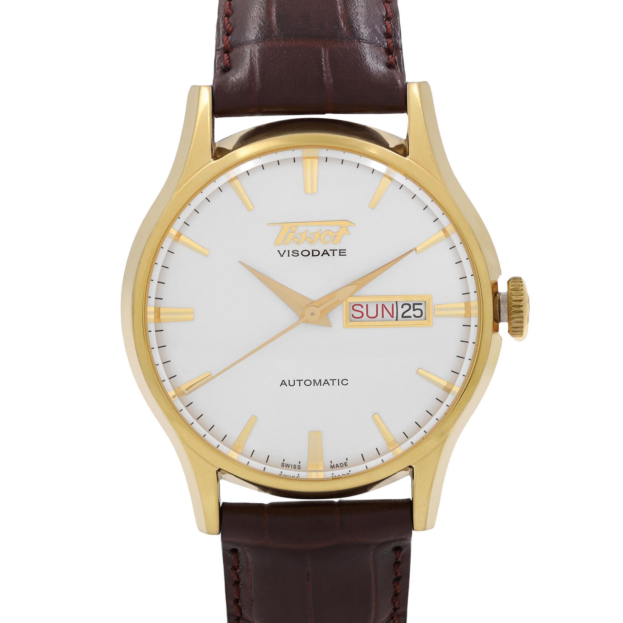 Unworn Tissot Visodate 40mm Men's Watch T019.430.36.031.01. This Beautiful Timepiece is Powered by Mechanical (Automatic) Movement and Features: Round Stainless Steel Gold PVD Coated Case with a Brown Leather Strap, Silver Dial with Gold-Tone Hands