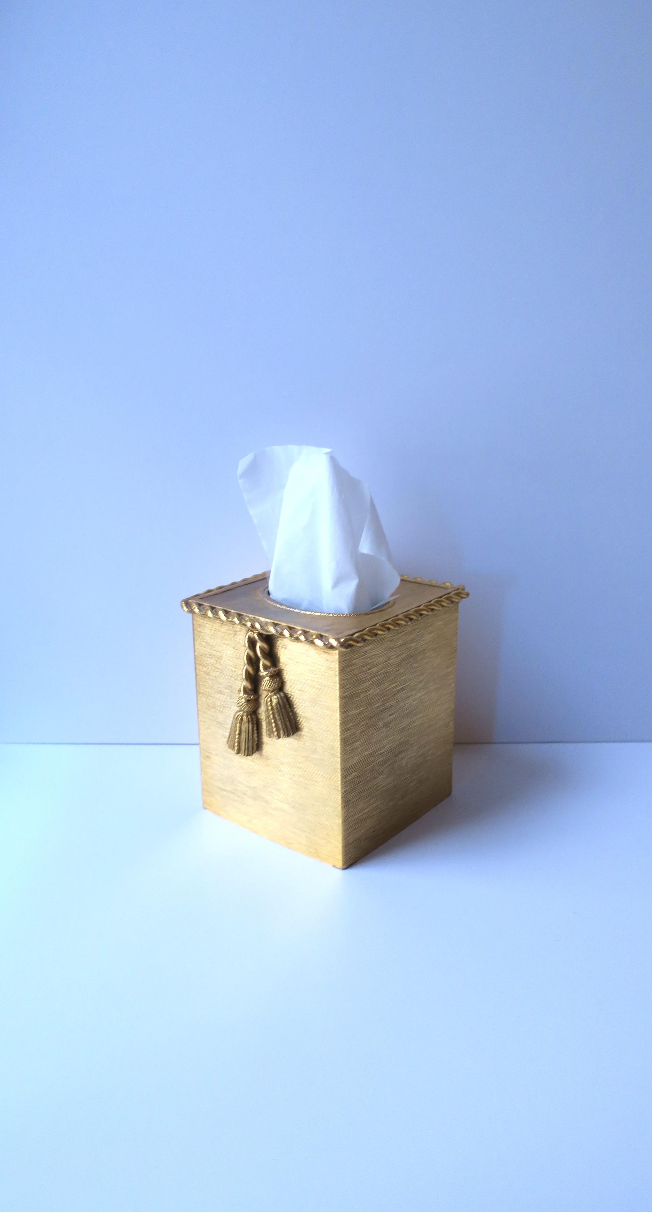 Anodized Gold Tissue Box Cover with Rope and Tassel Design For Sale