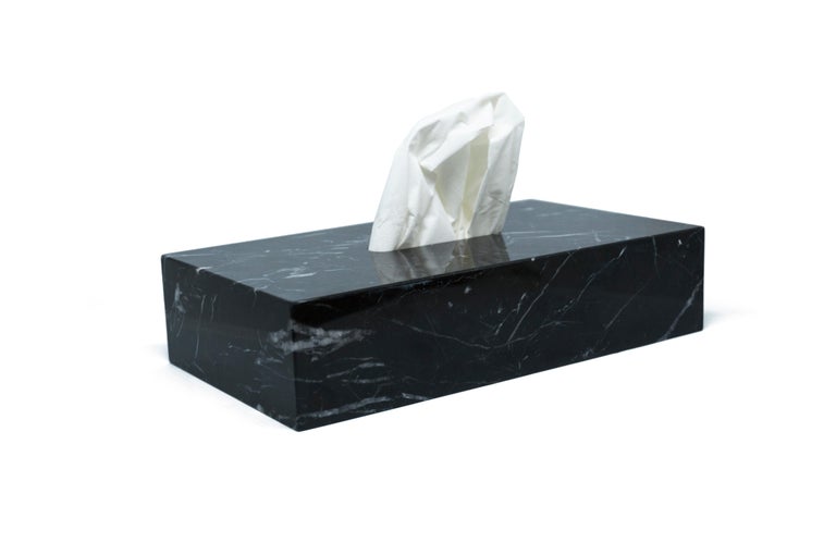 Hand-Crafted Handmade Rectangular Tissues Cover Box in Black Marquina Marble For Sale