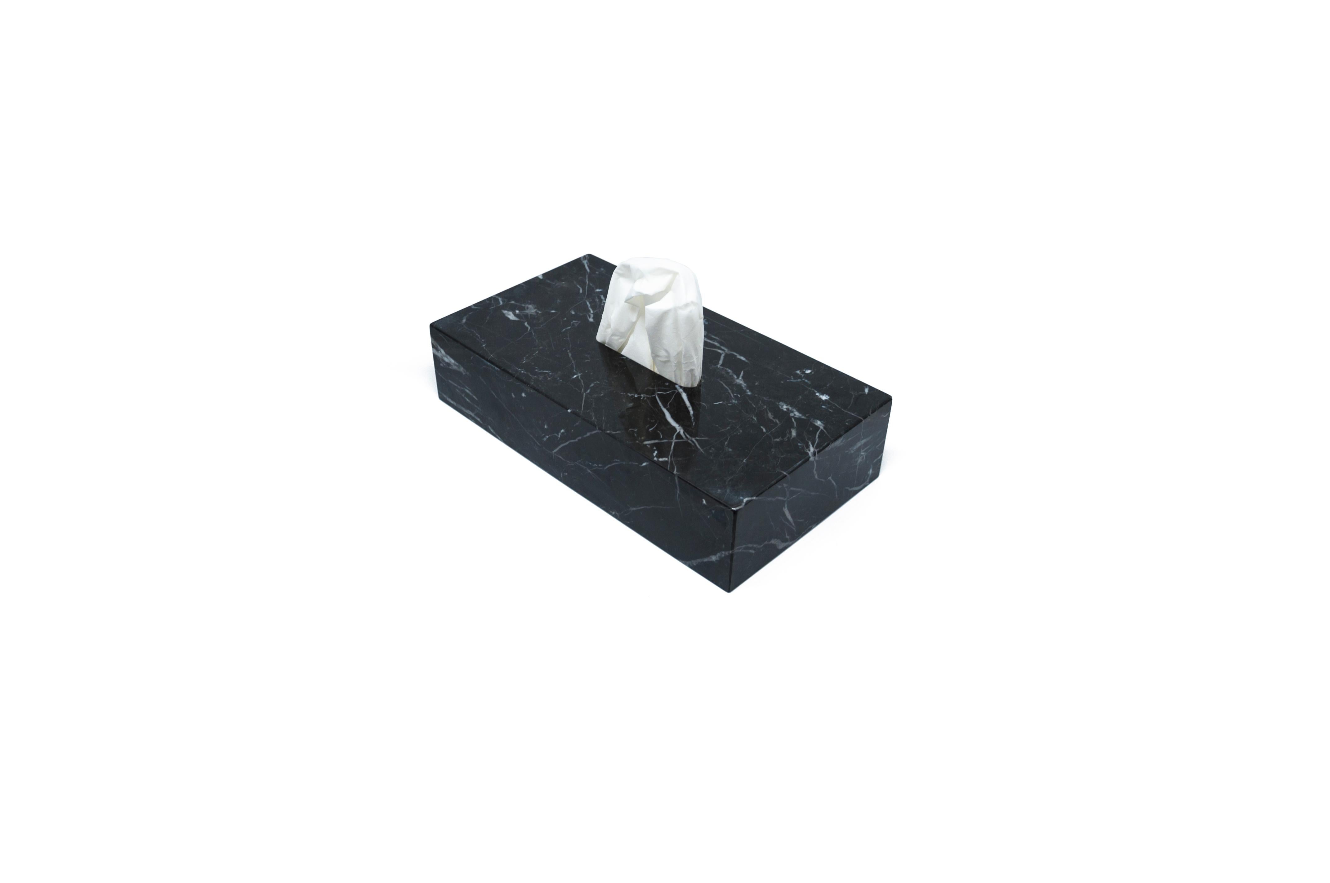 Hand-Crafted Handmade Rectangular Tissues Cover Box in Black Marquina Marble For Sale