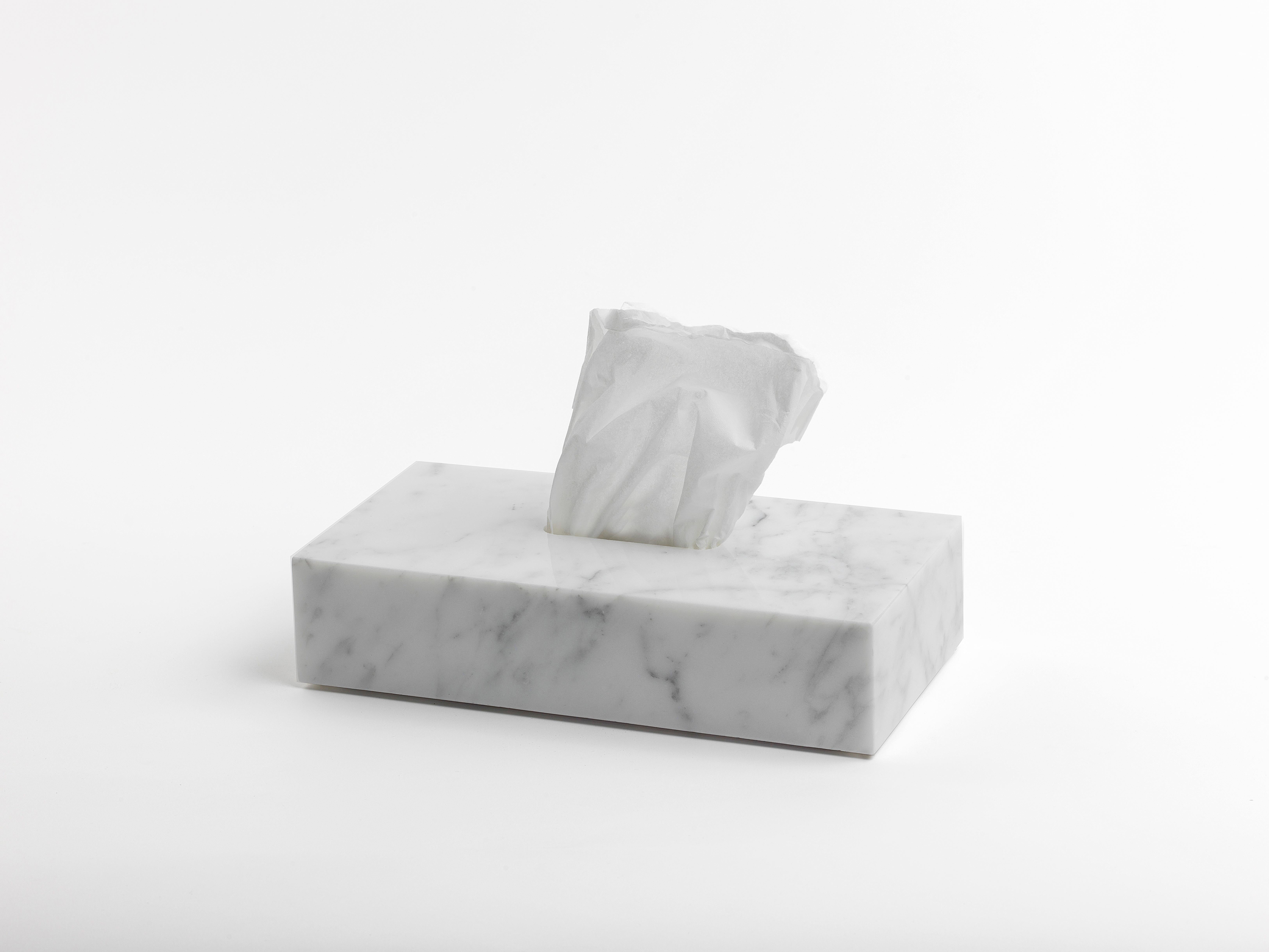 Squared tissue cover box in white Carrara marble.
Each piece is in a way unique (since each marble block is different in veins and shades) and handcrafted in Italy. Slight variations in shape, color and size are to be considered a guarantee of an
