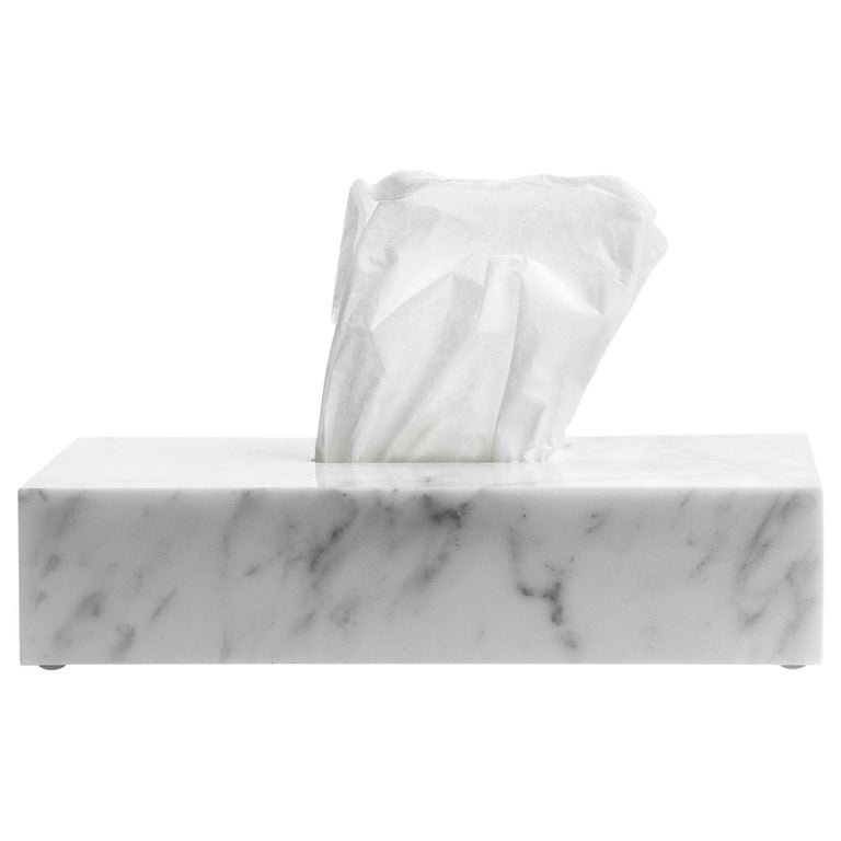 Handmade Rectangular Tissues Cover Box in White Carrara Marble For Sale
