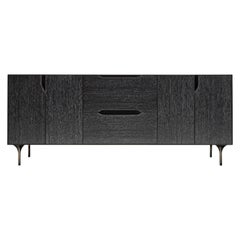 Titan Credenza, Cerused Oak, Blackened Steel Frame with Patinated Brass Legs