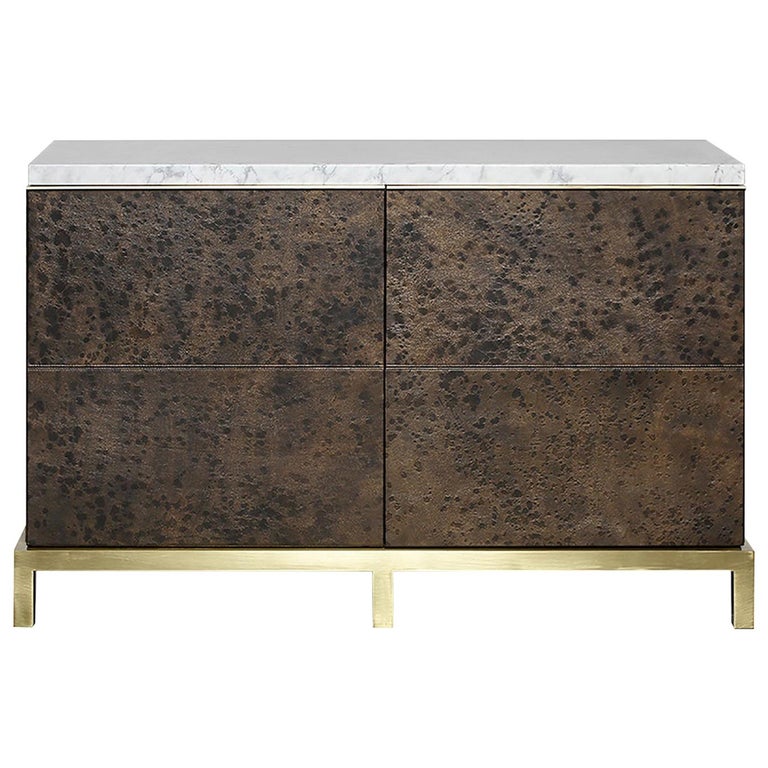 Titan Leather, Marble and Brass Cabinet with Drawers For Sale