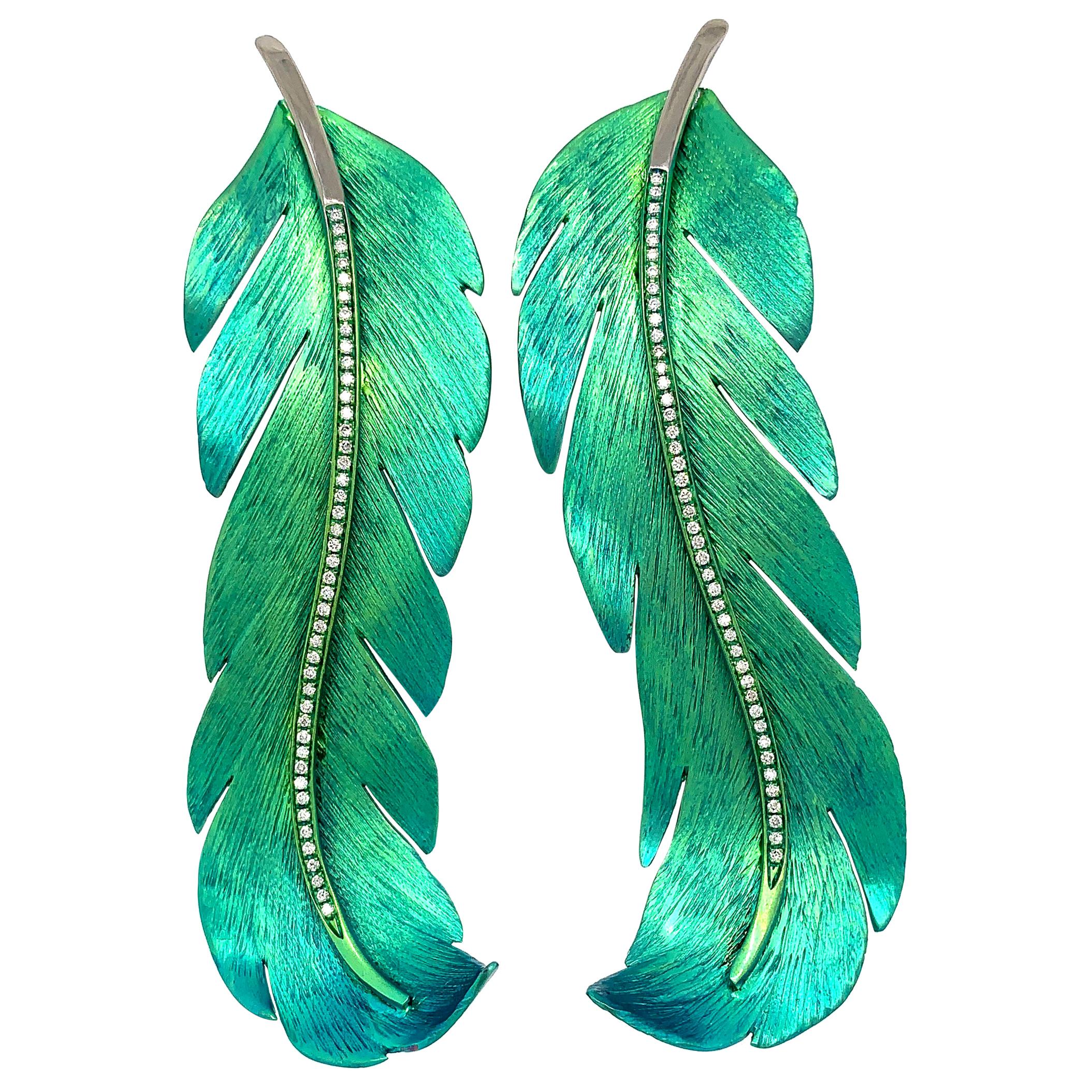 Titanium and Diamonds Earrings Feather For Sale