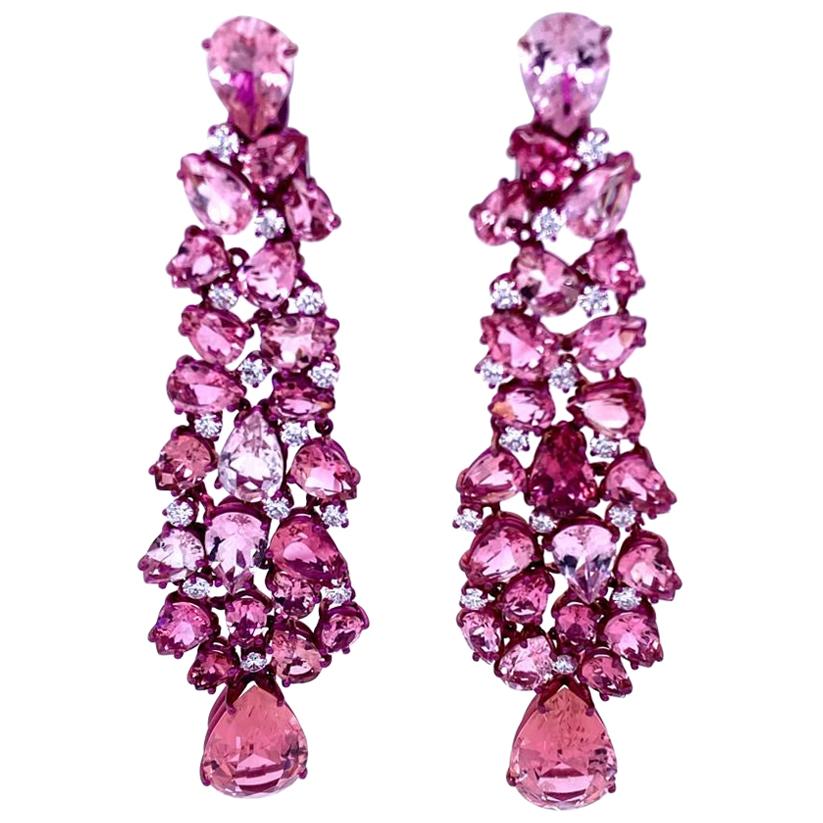 Titanium and Gold Diamonds and Pink Tourmalines Earrings Chandelier For Sale