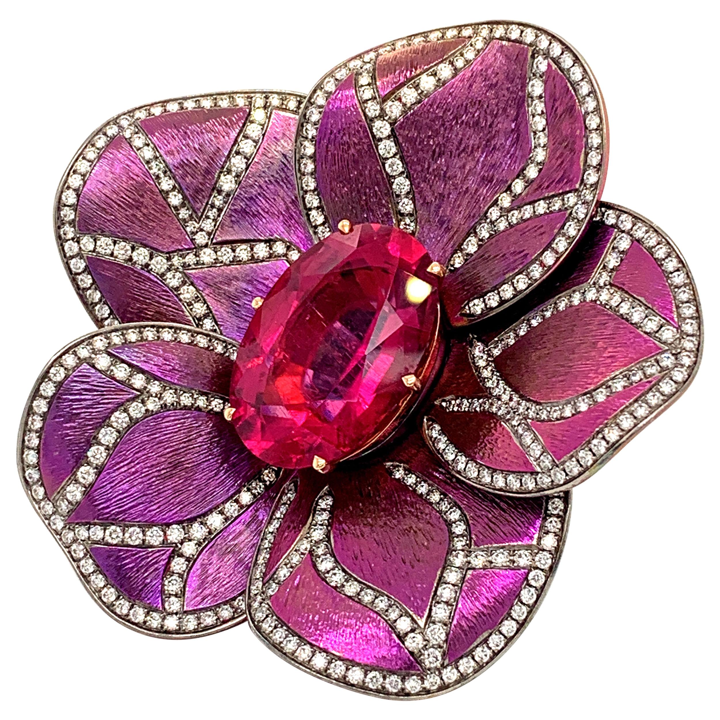 Titanium and Gold Rubellite 18.99 Carat Flower Ring For Sale