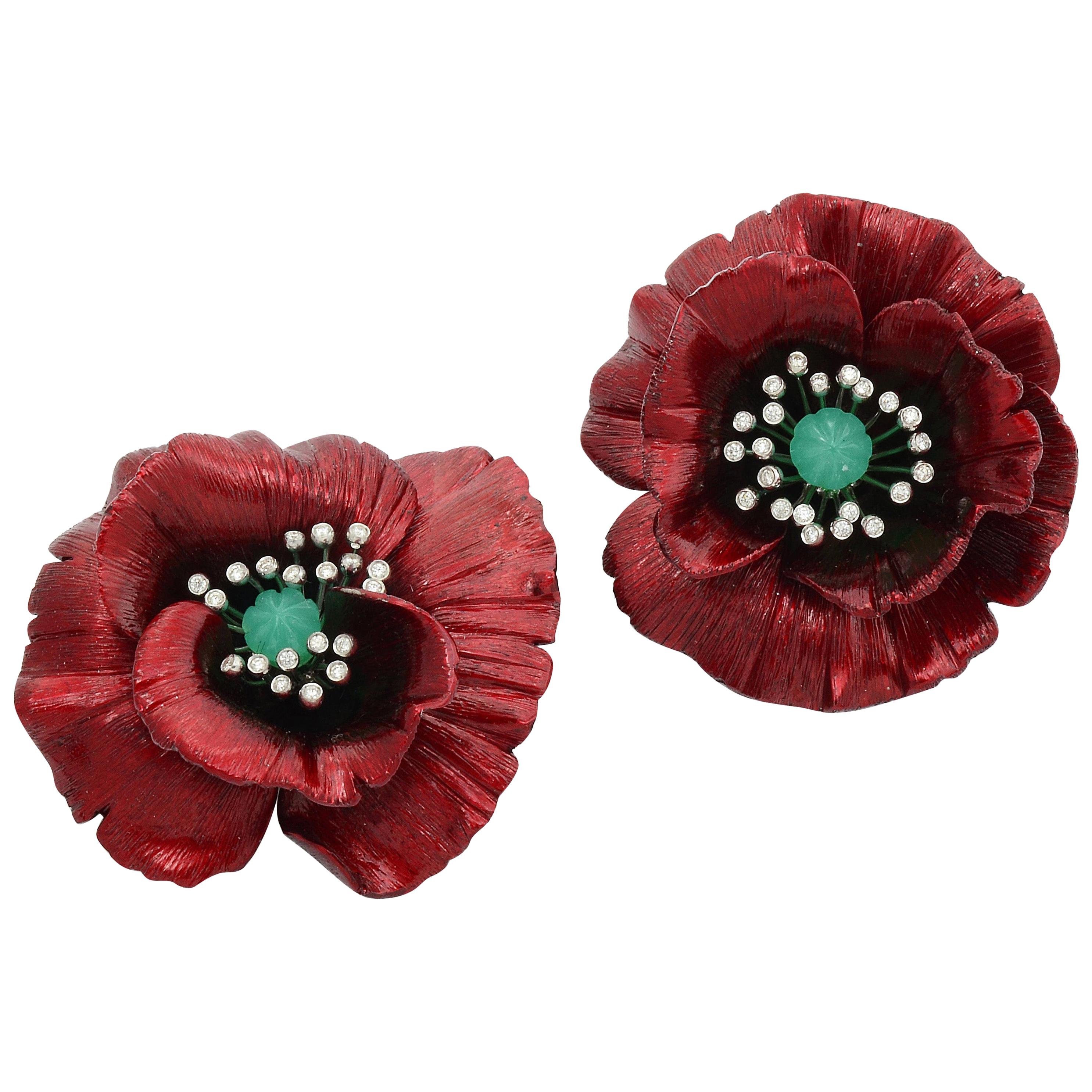 Titanium Diamond 18 Karat Gold Chrysoprase Poppy Brooches For Sale at