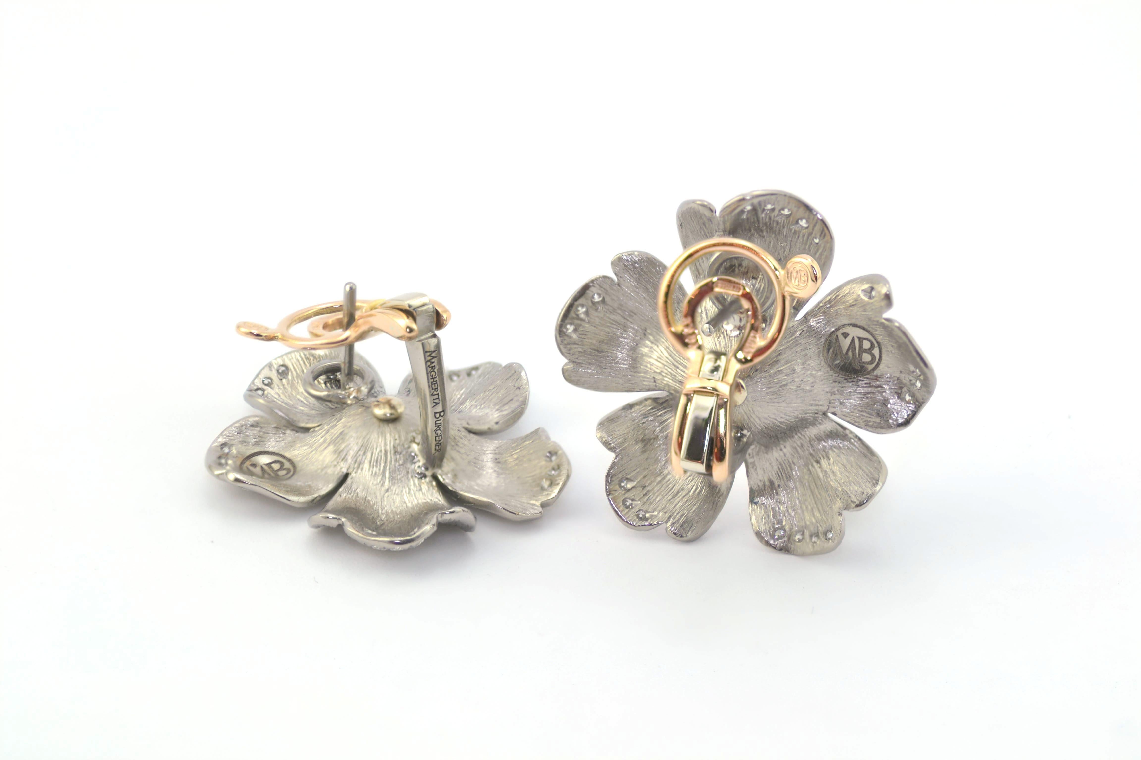 Round Cut Titanium Diamond Gold  Earrings Flower Handcrafted by Margherita Burgener, Italy