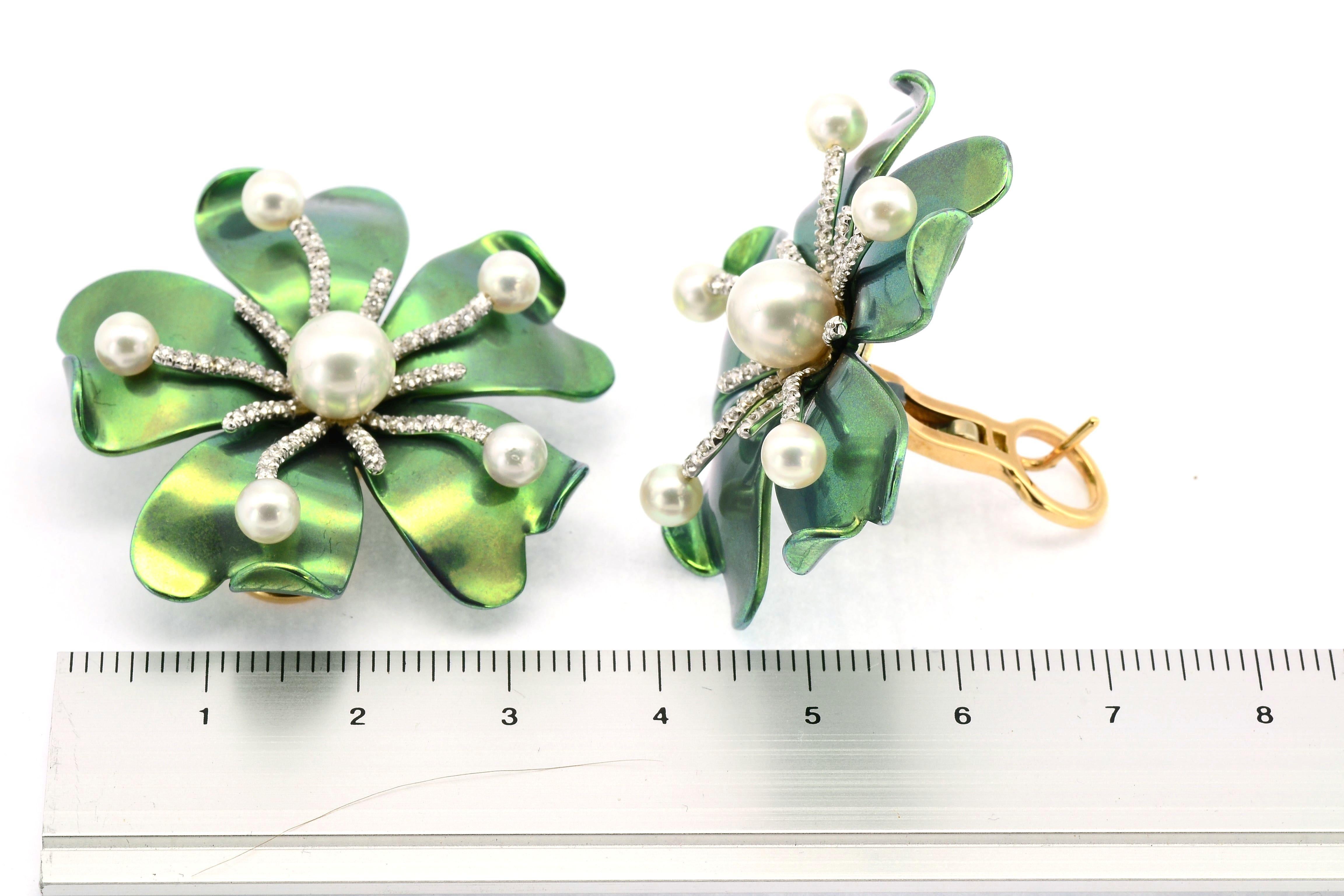 Round Cut  Titanium Diamond Pearls White Gold Happy Flower Earrings 