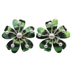 Titanium Diamond Pearls White Gold Happy Flower Earrings