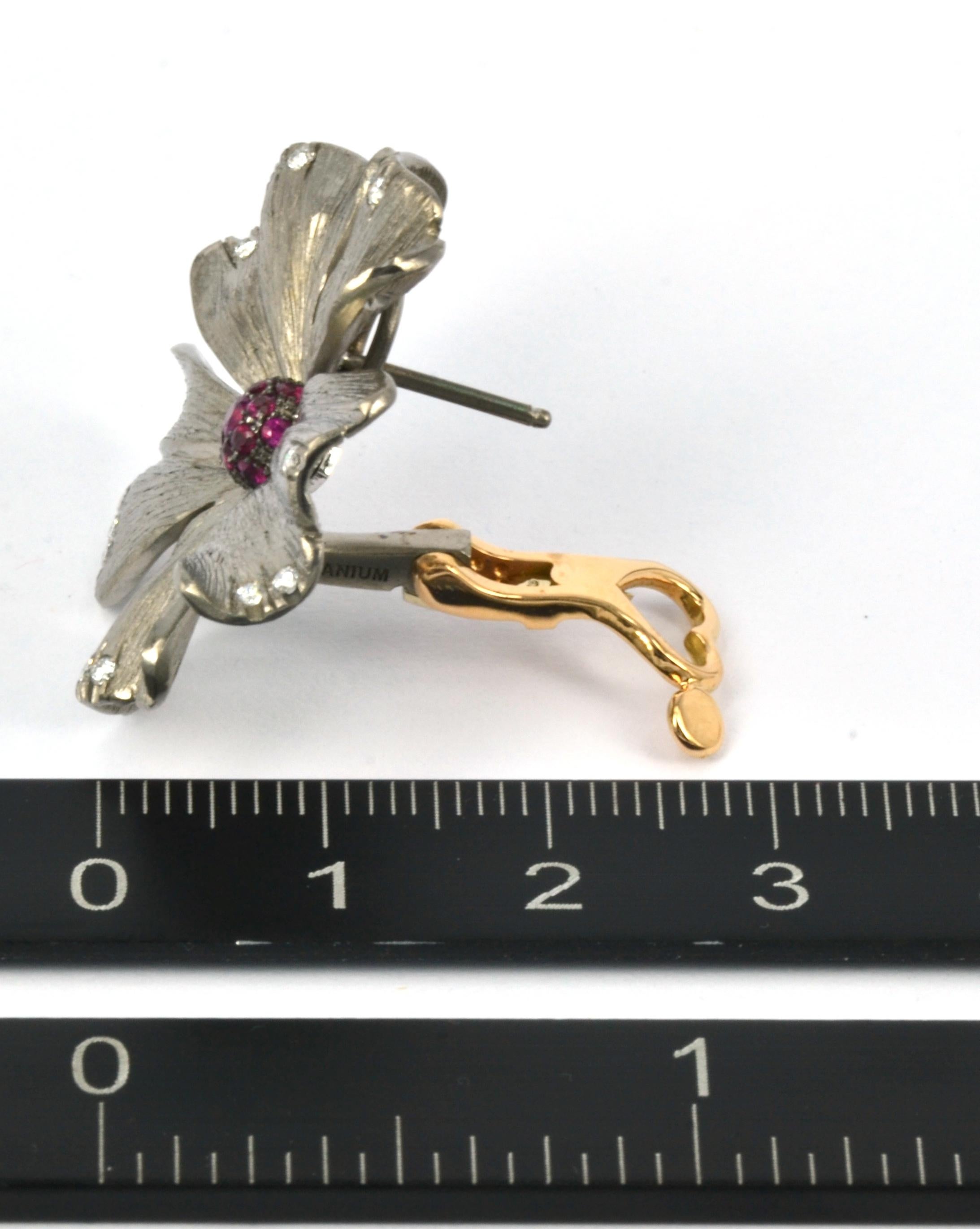 Round Cut Titanium Natural Diamond Ruby  18 KT Rose Gold Happy Flower Earrings For Sale