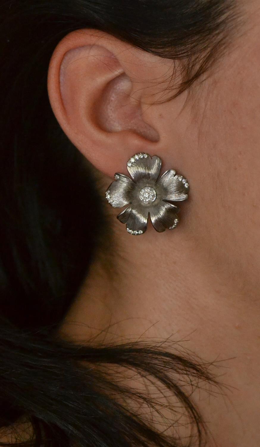 Women's Titanium Natural Diamond Ruby  18 KT Rose Gold Happy Flower Earrings For Sale