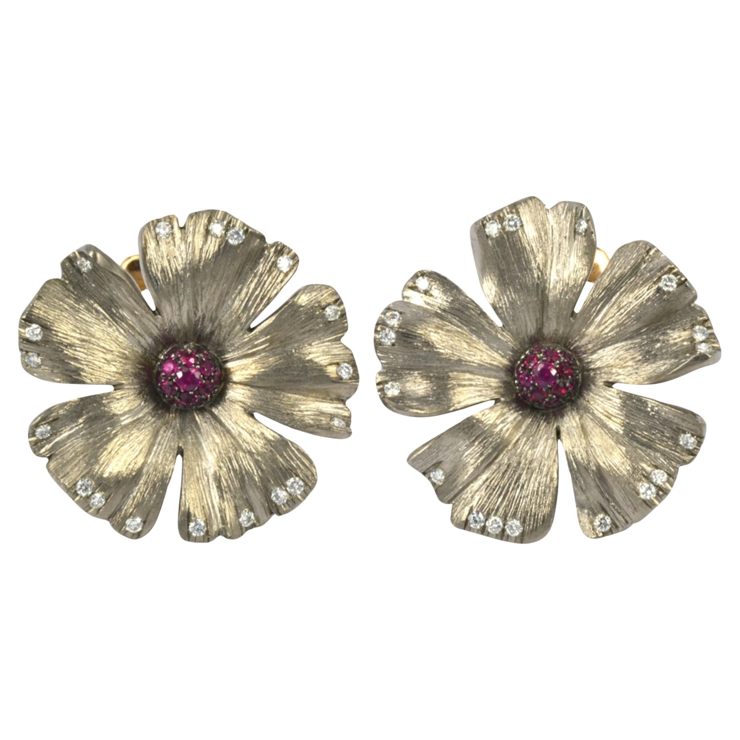 Titanio Diamante Rubí  Pendientes Flor Feliz de Oro Rosa 18 KT