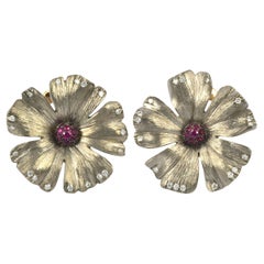 Titanium Natural Diamond Ruby  18 KT Rose Gold Happy Flower Earrings