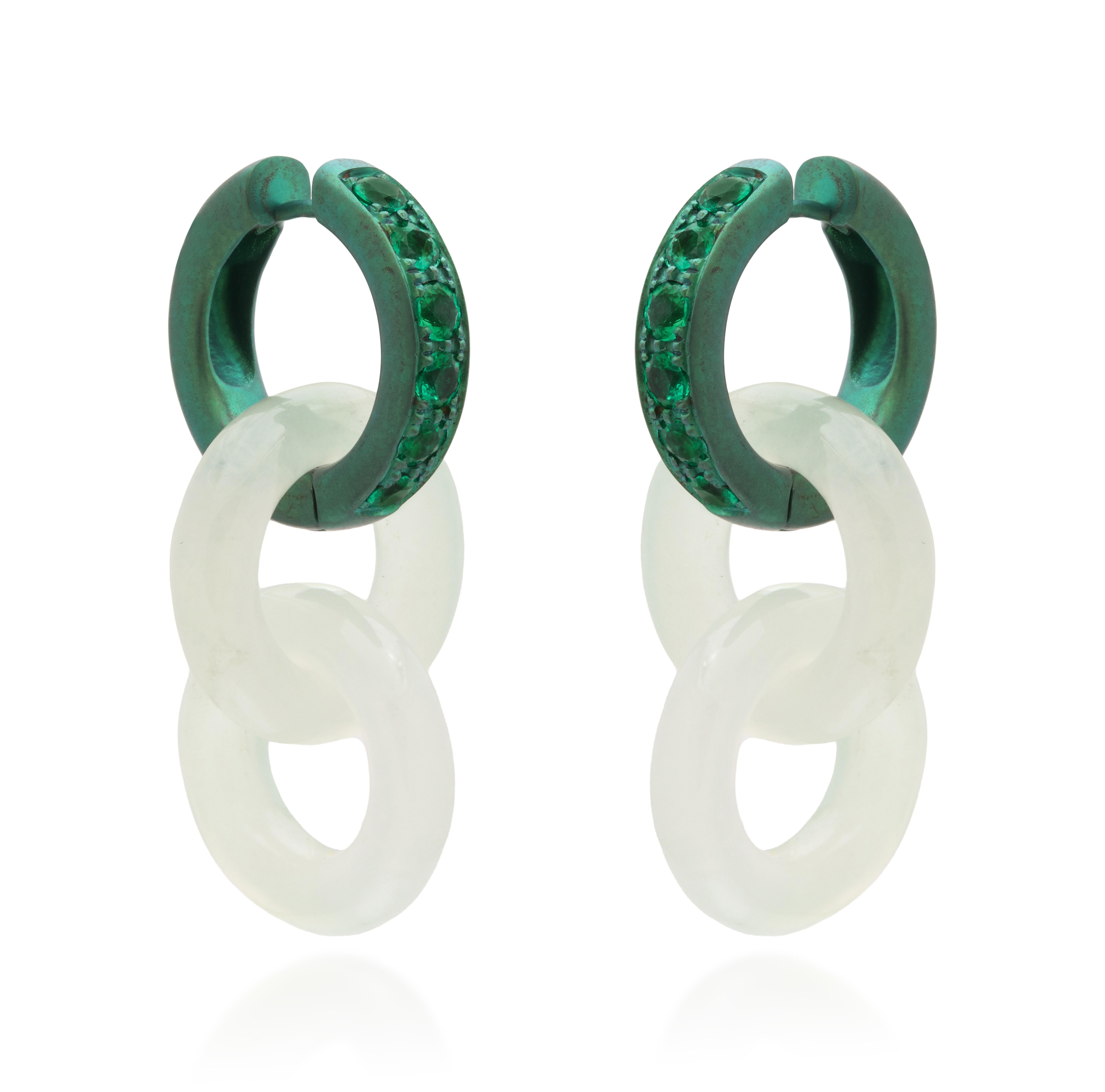 Titanium Emerald Interlocked Jade Drop Earrings For Sale 1