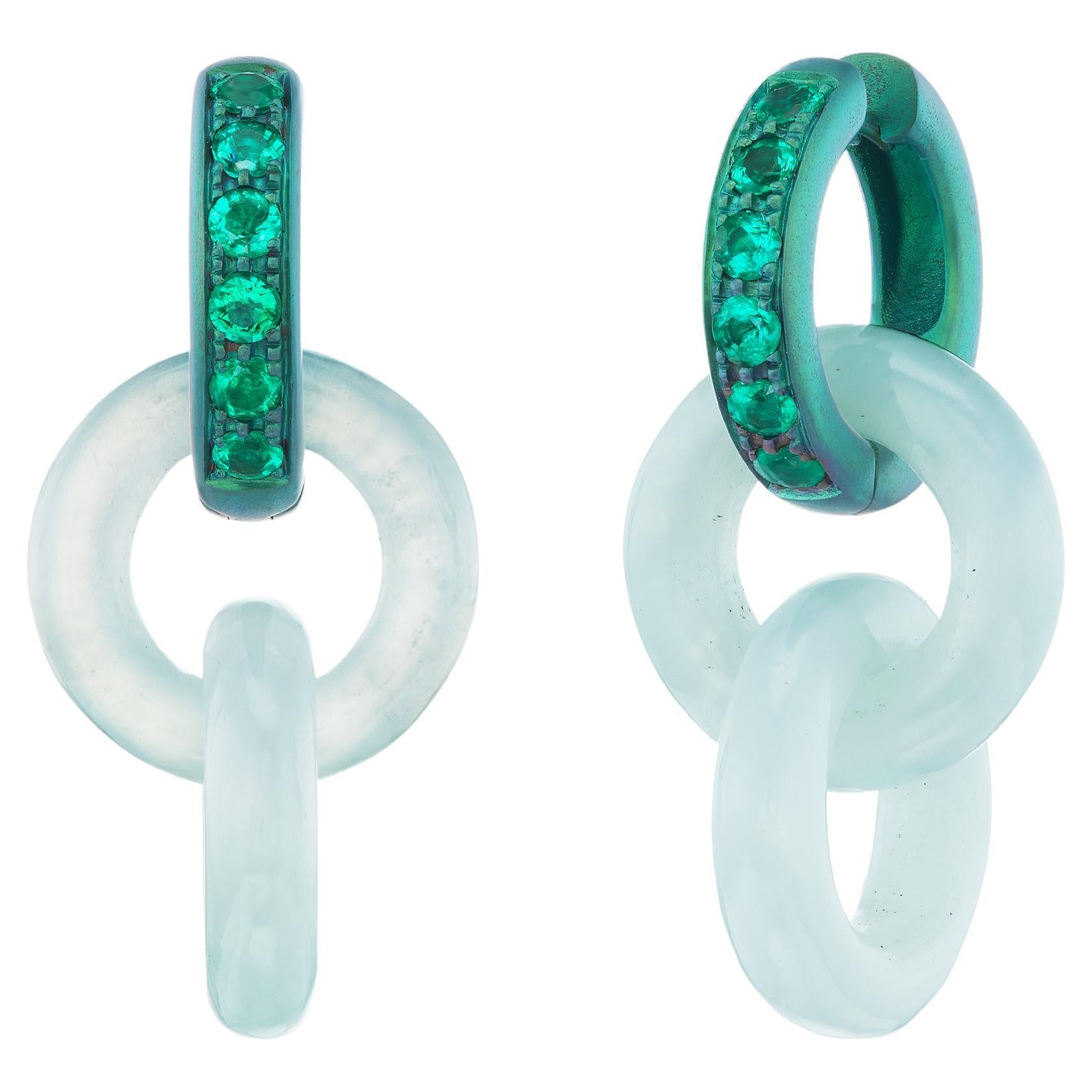 Titanium Emerald Interlocked Jade Drop Earrings For Sale