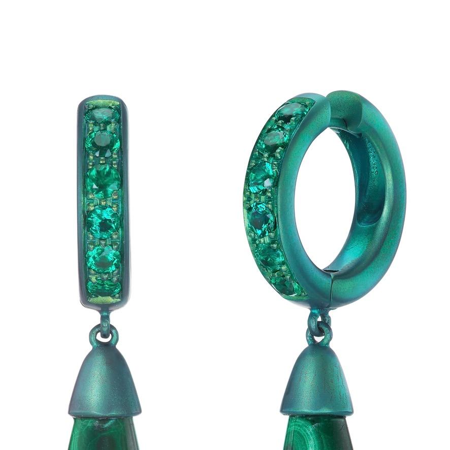 Titanium Emerald Malachite Drop Earrings In New Condition For Sale In Bal Harbour, FL