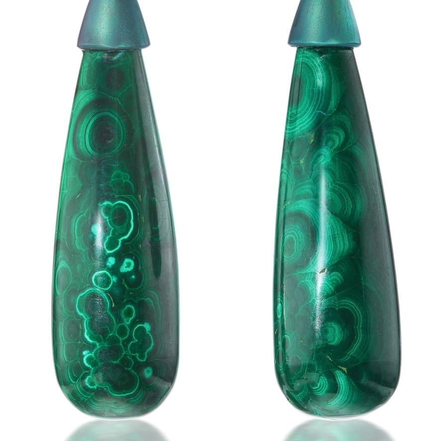 Women's or Men's Titanium Emerald Malachite Drop Earrings For Sale