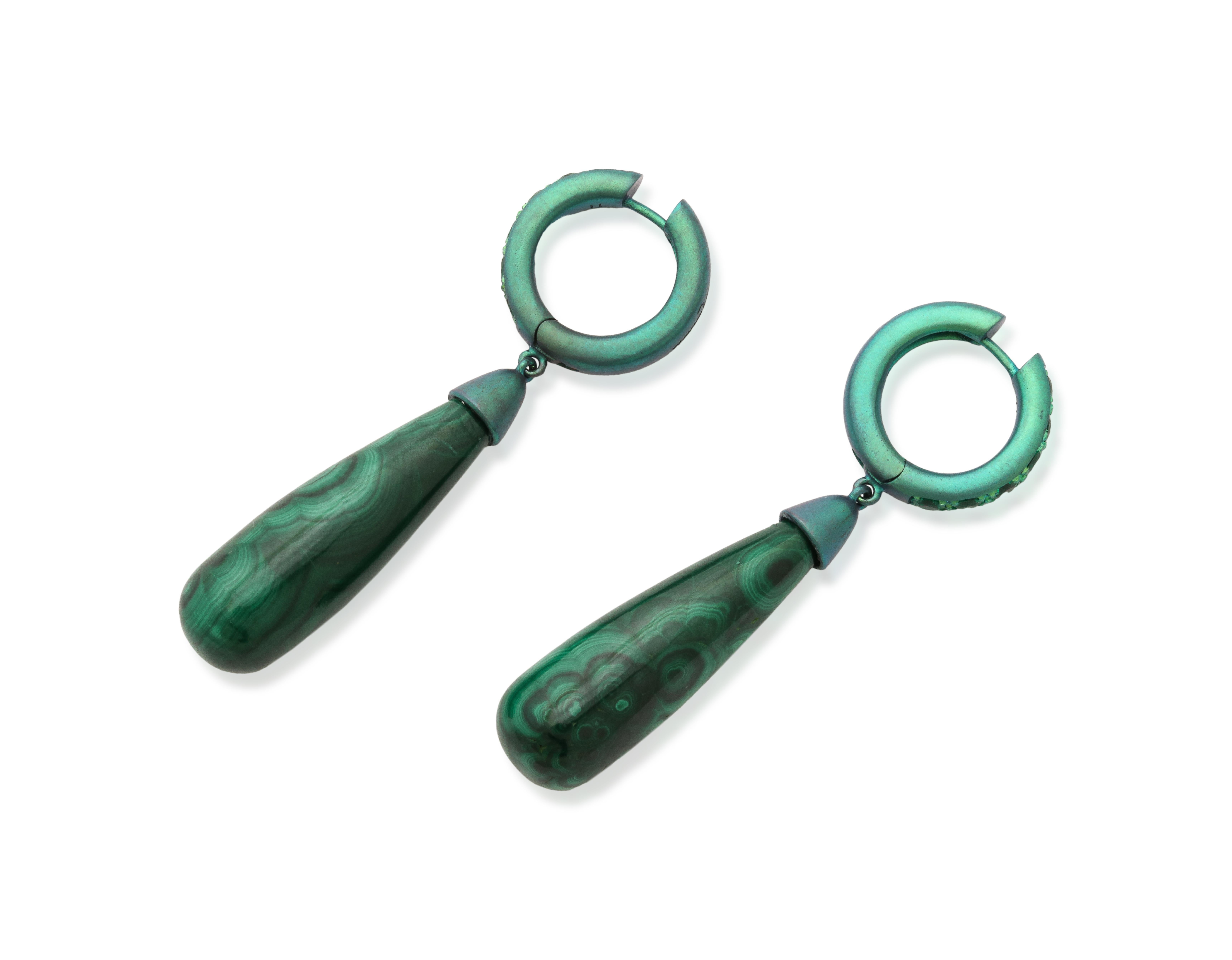 Titanium Emerald Malachite Drop Earrings For Sale 1