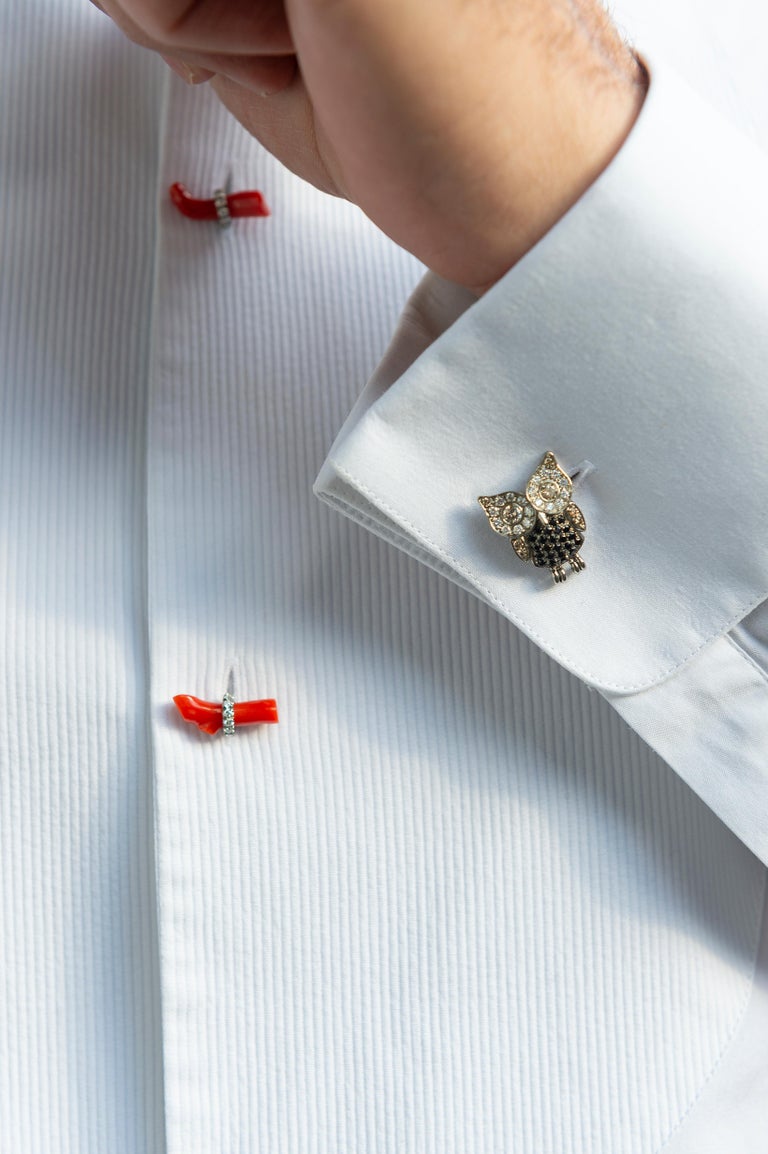 Contemporary Red Rubrum Coral  Brown Diamond  Black Spinel 18 KT Gold Studs and Cufflinks For Sale