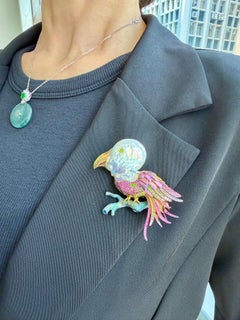Titanium, Pearl, Rubies, Peridot, Diamonds, Pink and Blue Sapphires Bird Brooch