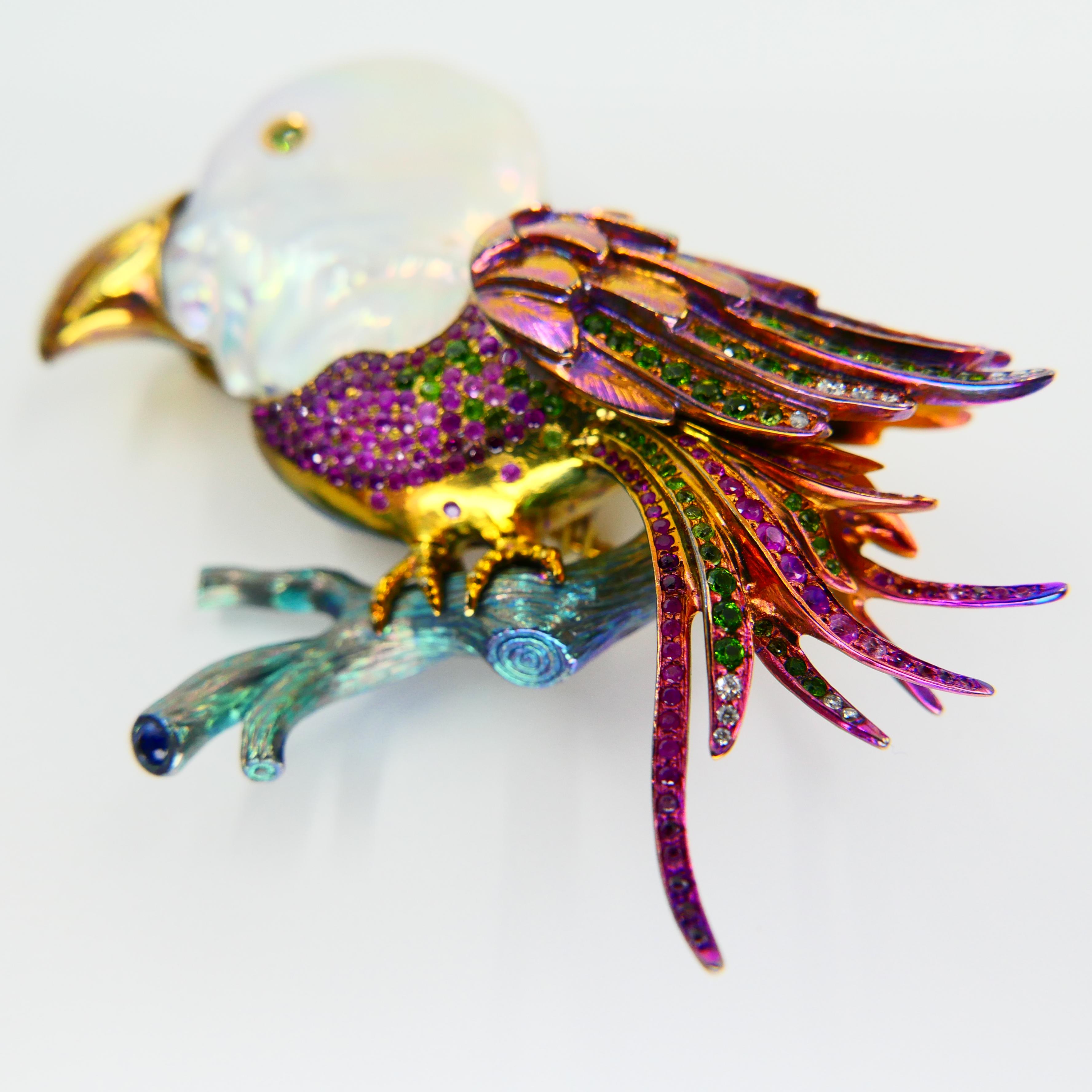 Titanium, Pearl, Rubies, Peridot, Diamonds, Pink and Blue Sapphires Bird Brooch For Sale 2