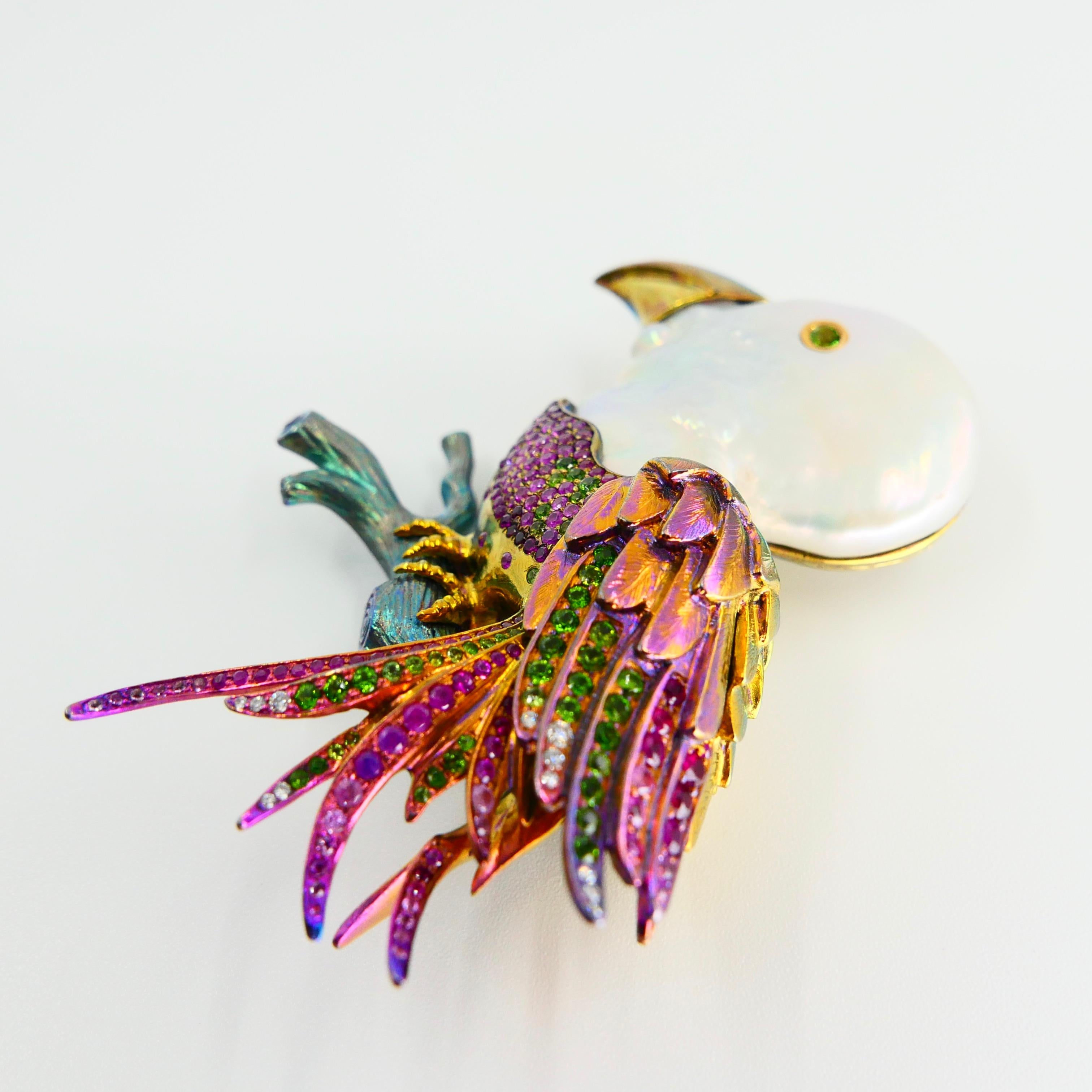 Contemporary Titanium, Pearl, Rubies, Peridot, Diamonds, Pink and Blue Sapphires Bird Brooch For Sale