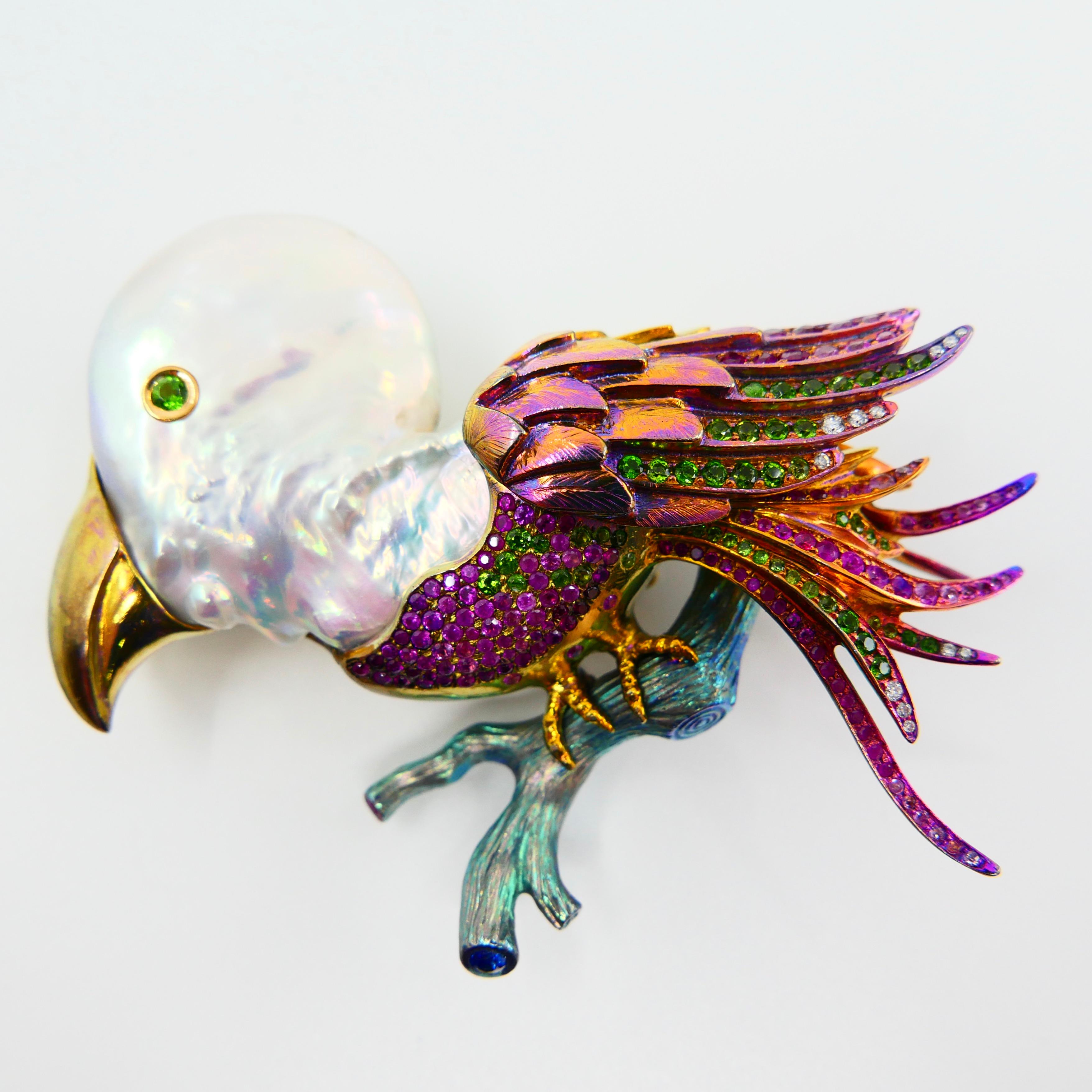 Titanium, Pearl, Rubies, Peridot, Diamonds, Pink and Blue Sapphires Bird Brooch In New Condition For Sale In Hong Kong, HK